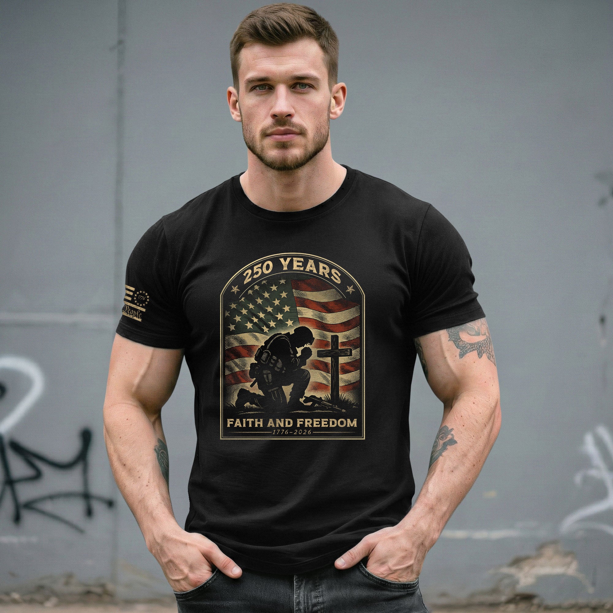 Faith and Freedom 250 Years 250th Anniversary Patriotic T-Shirt - Kneeling Soldier Prayer & American Flag Graphic Tee - Rust Field Wear