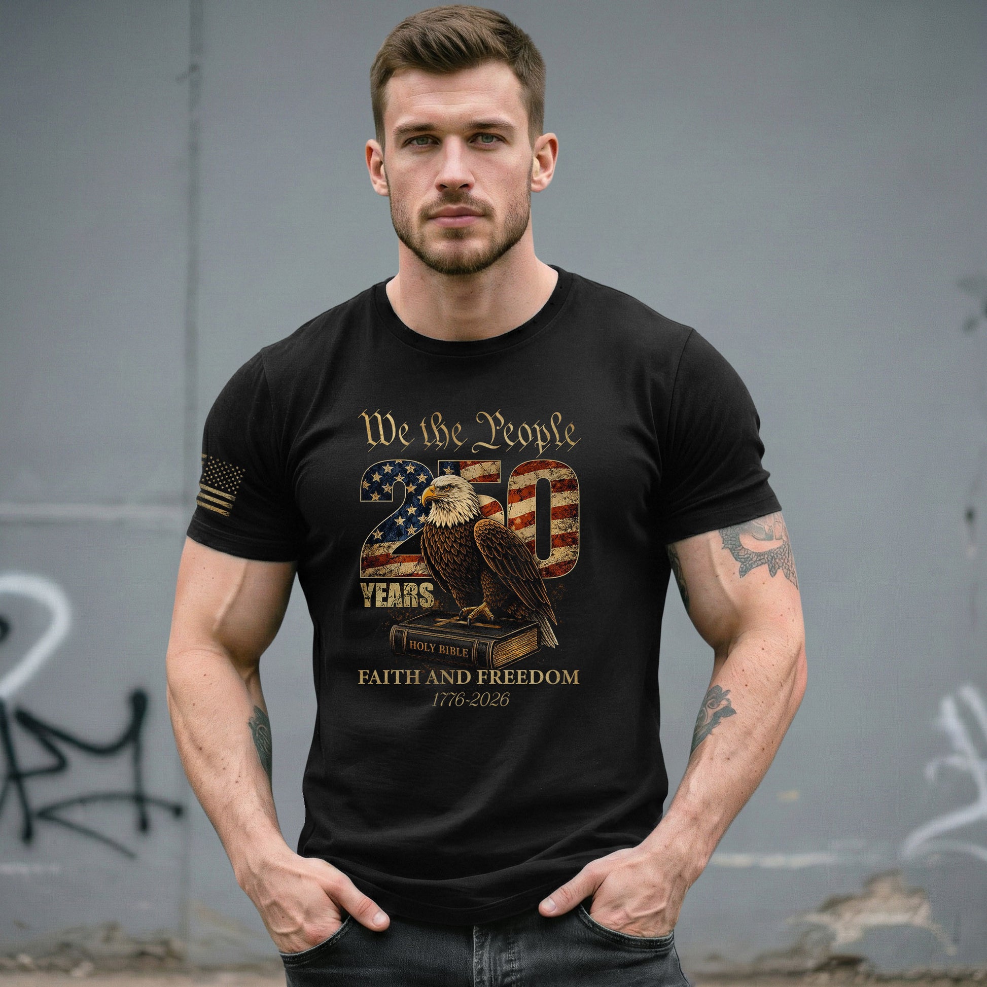 Faith and Freedom 250 Years Celebration Shirt - Patriotic We the People Eagle & Holy Bible Graphic Tee - Rust Field Wear