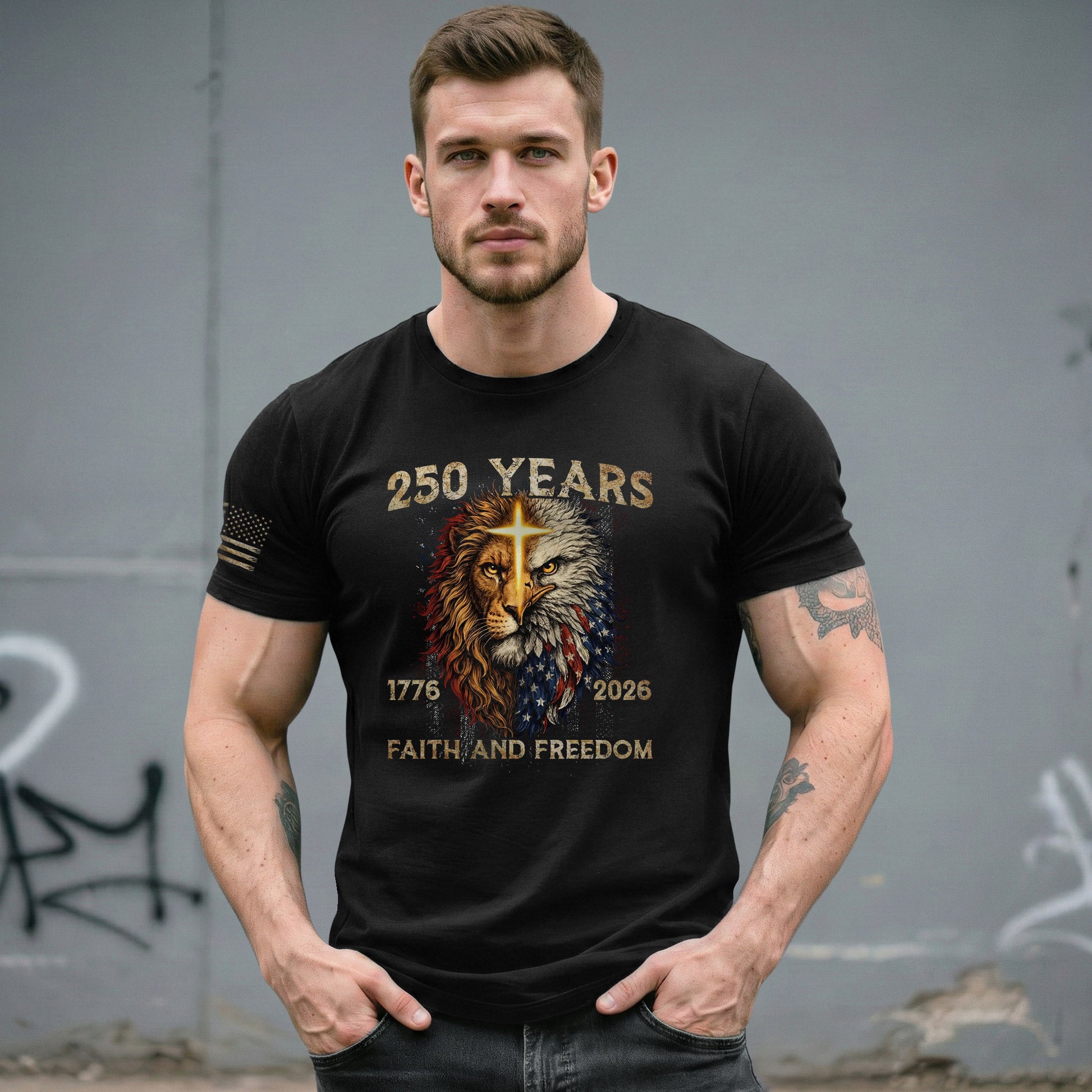 250 Years of Faith and Freedom Shirt - Lion and Eagle Cross Patriotic Strength Statement Graphic Tee - Rust Field Wear