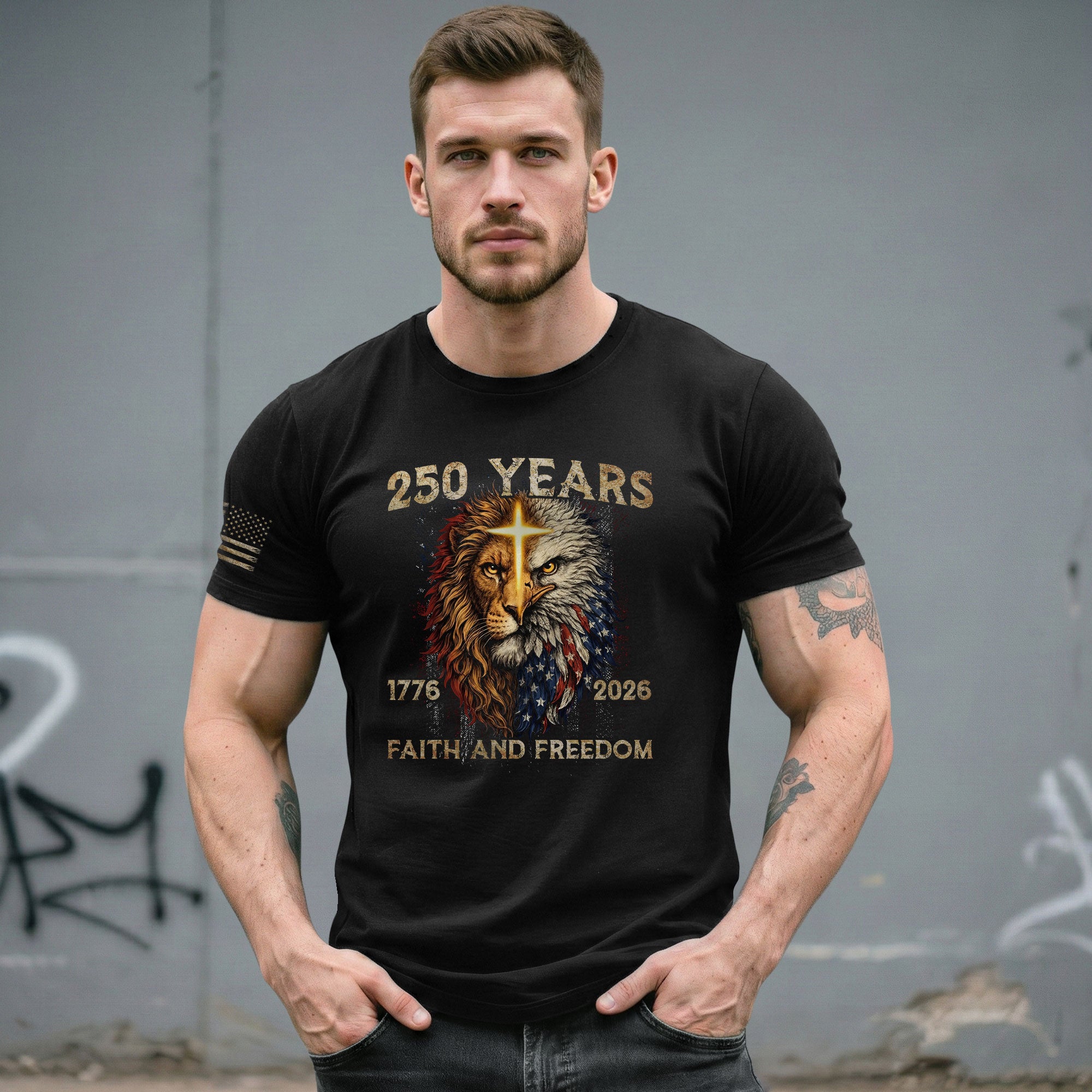 250 Years of Faith and Freedom Shirt - Lion and Eagle Cross Patriotic Strength Statement Graphic Tee - Rust Field Wear