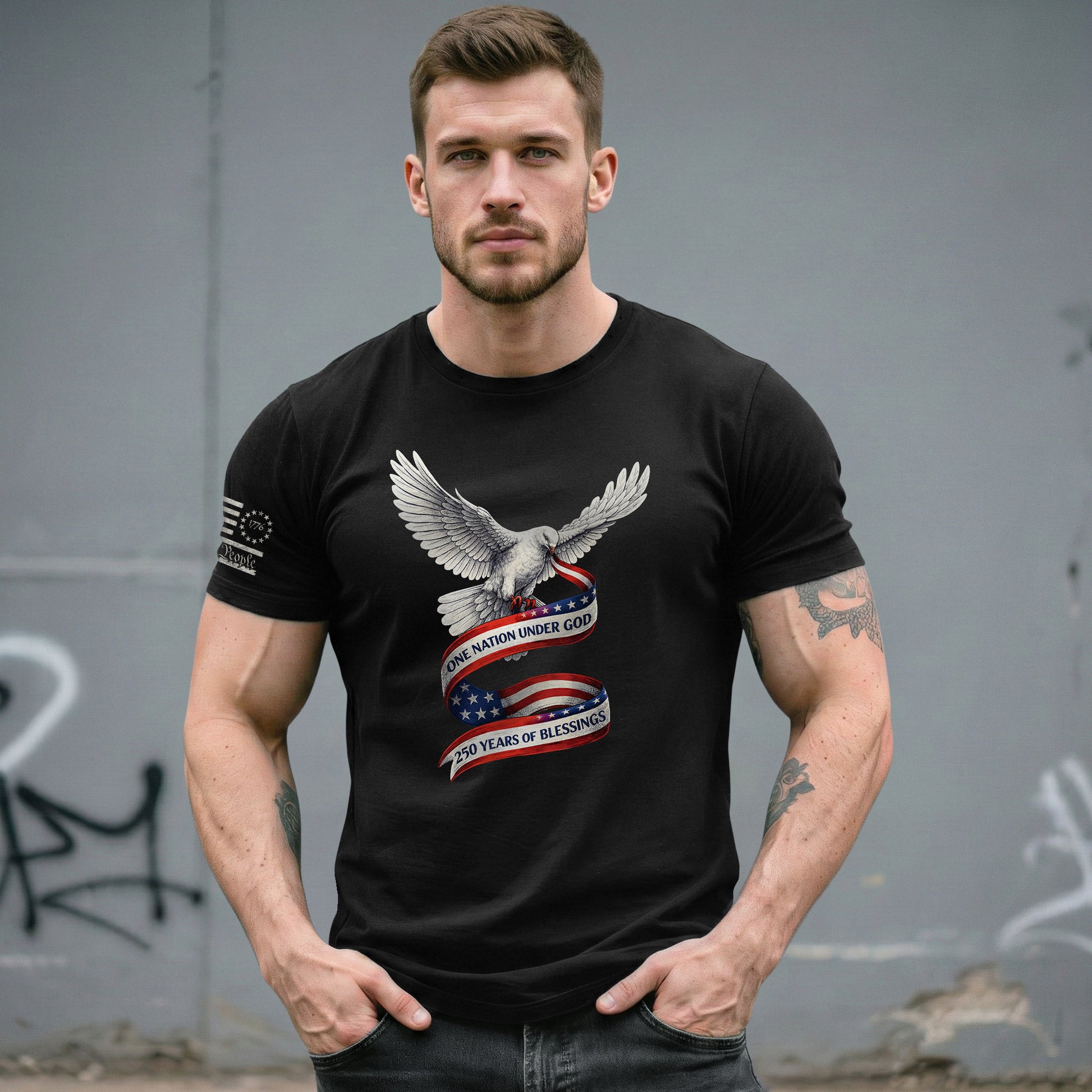 250 Years of Blessings One Nation Under God T-Shirt - Peace Dove Patriotic Graphic Tee - Rust Field Wear