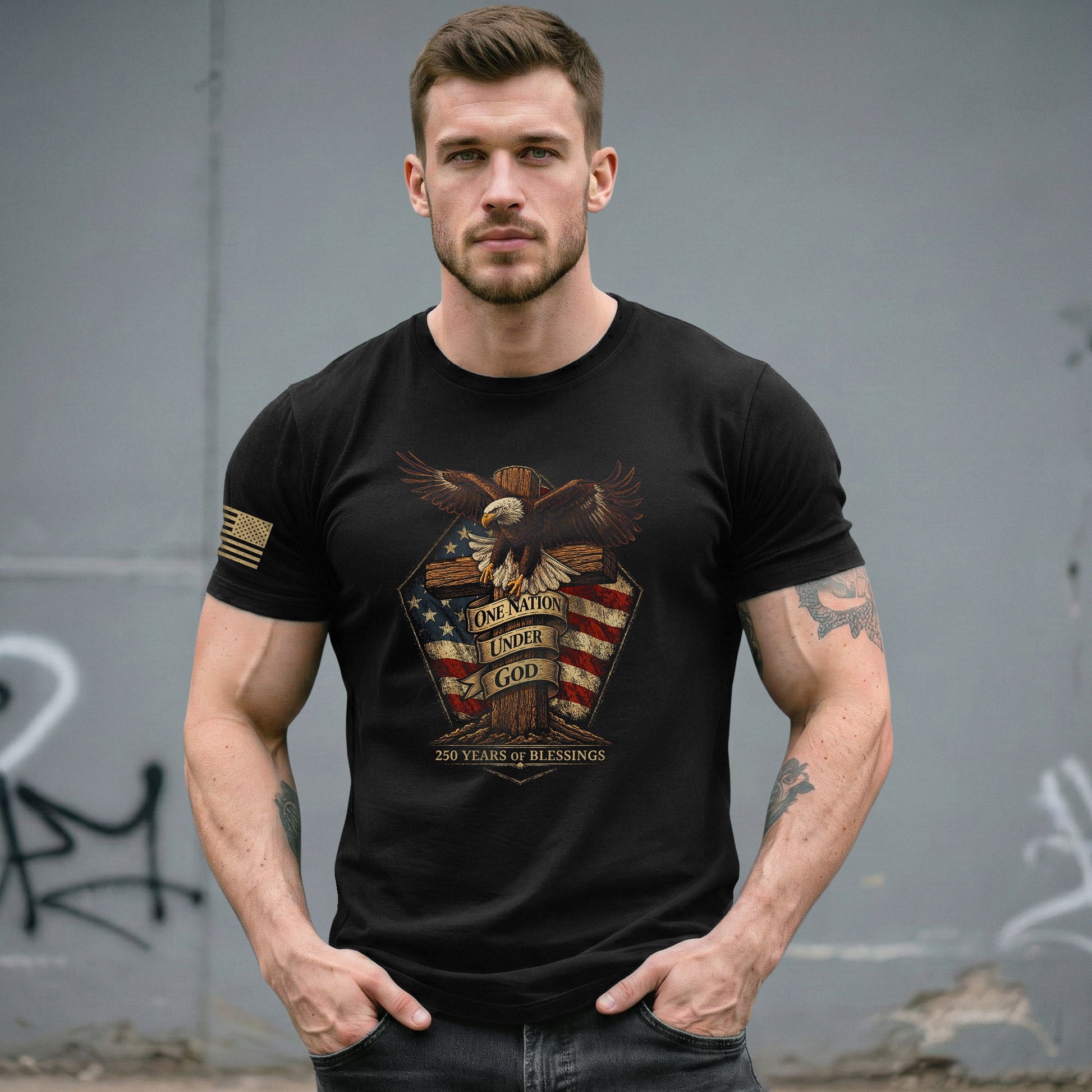 American Faith 250 Years of Blessings T-Shirt - One Nation Under God Eagle & Cross Design - Rust Field Wear