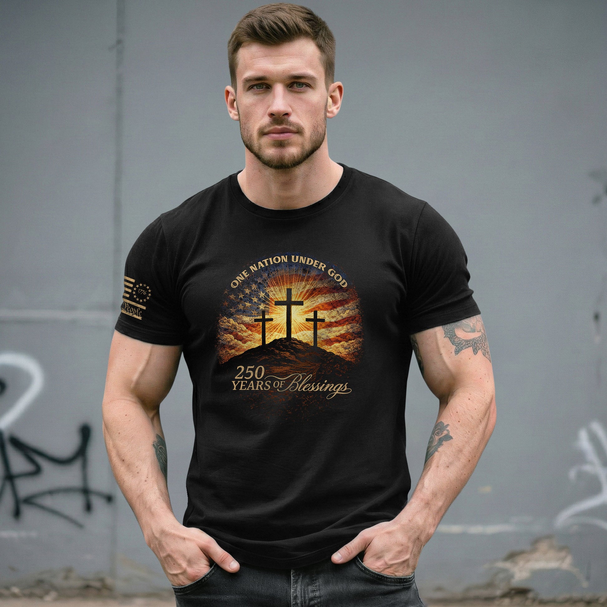 250 Years of Blessings One Nation Under God Shirt - 250th Anniversary Commemorative Crosses & Flag Tee - Rust Field Wear