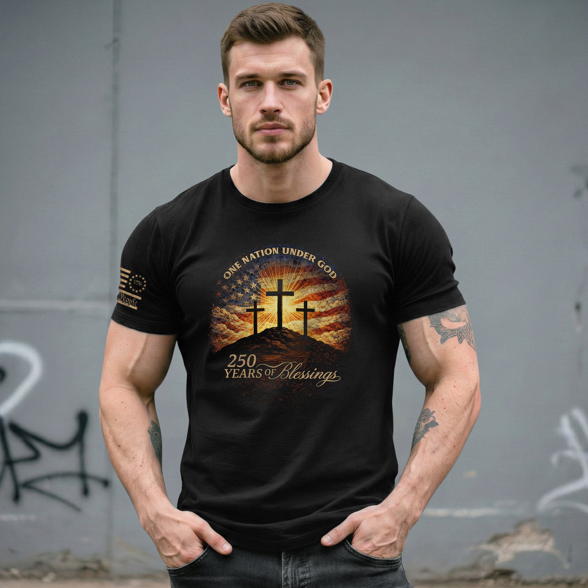250 Years of Blessings One Nation Under God Shirt - 250th Anniversary Commemorative Crosses & Flag Tee - Rust Field Wear