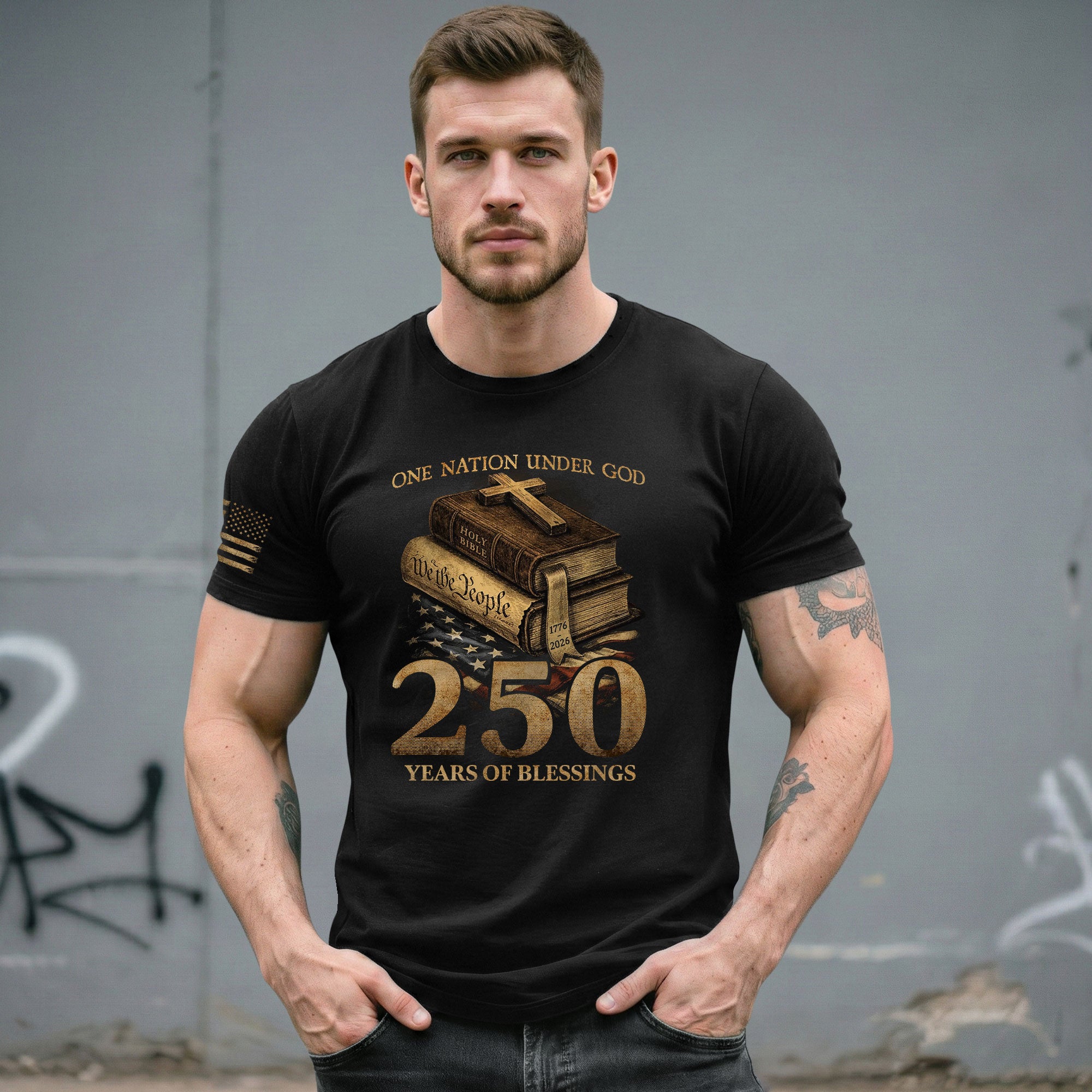 250 Years of Blessings T-Shirt - Religious Patriotic One Nation Under God Liberty Bell & US Flag Tee - Rust Field Wear