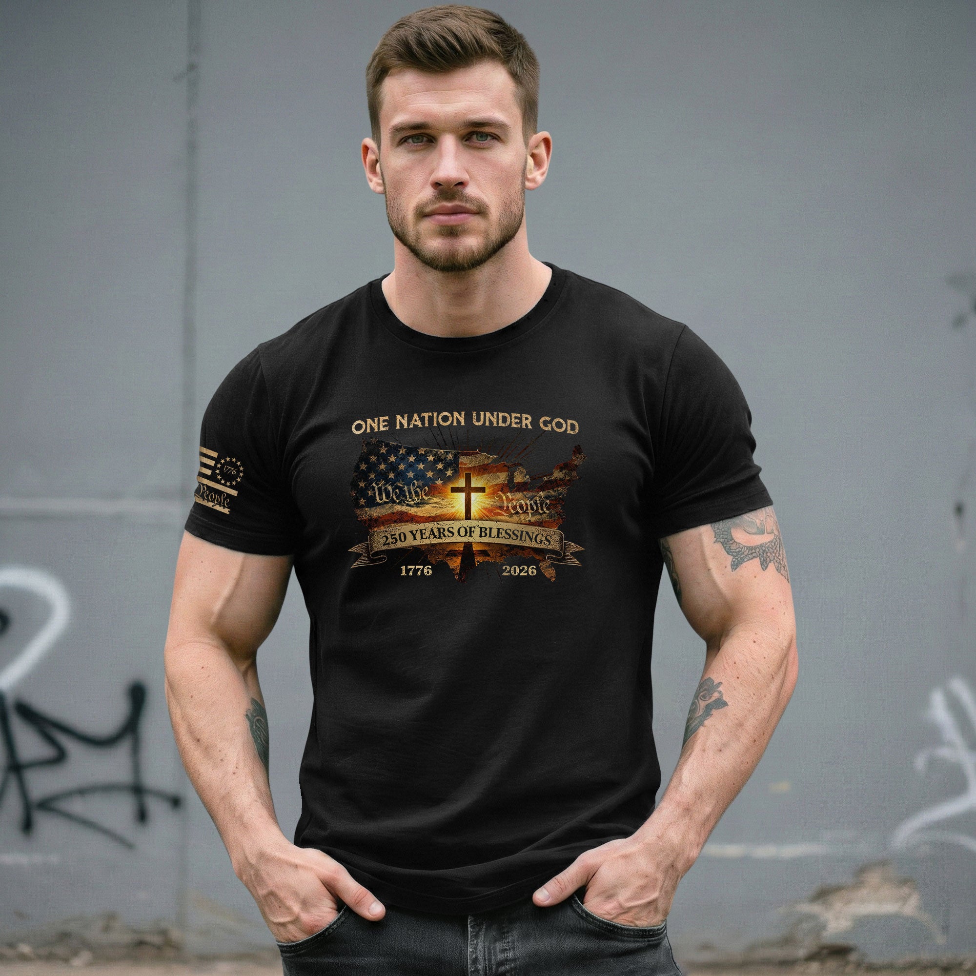 Christian Patriot 250 Years of Blessings T-Shirt - Holy Bible, "We the People" & US Flag Design - Rust Field Wear