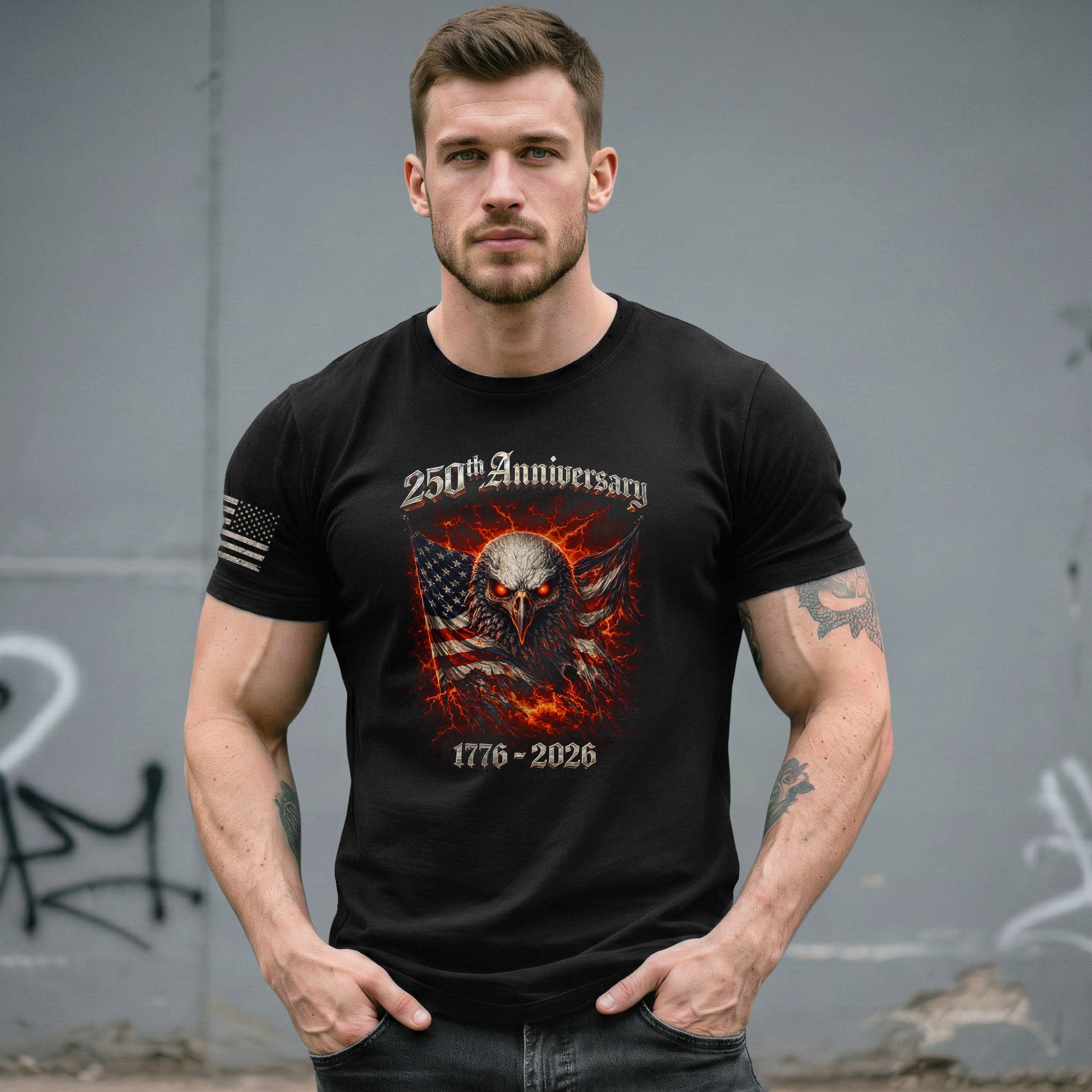 Vintage America 250th Anniversary Bootleg T-Shirt - 1776-2026 Fire Eagle Streetwear Tee, 250 Years Lightning Graphic Shirt - Rust Field Wear