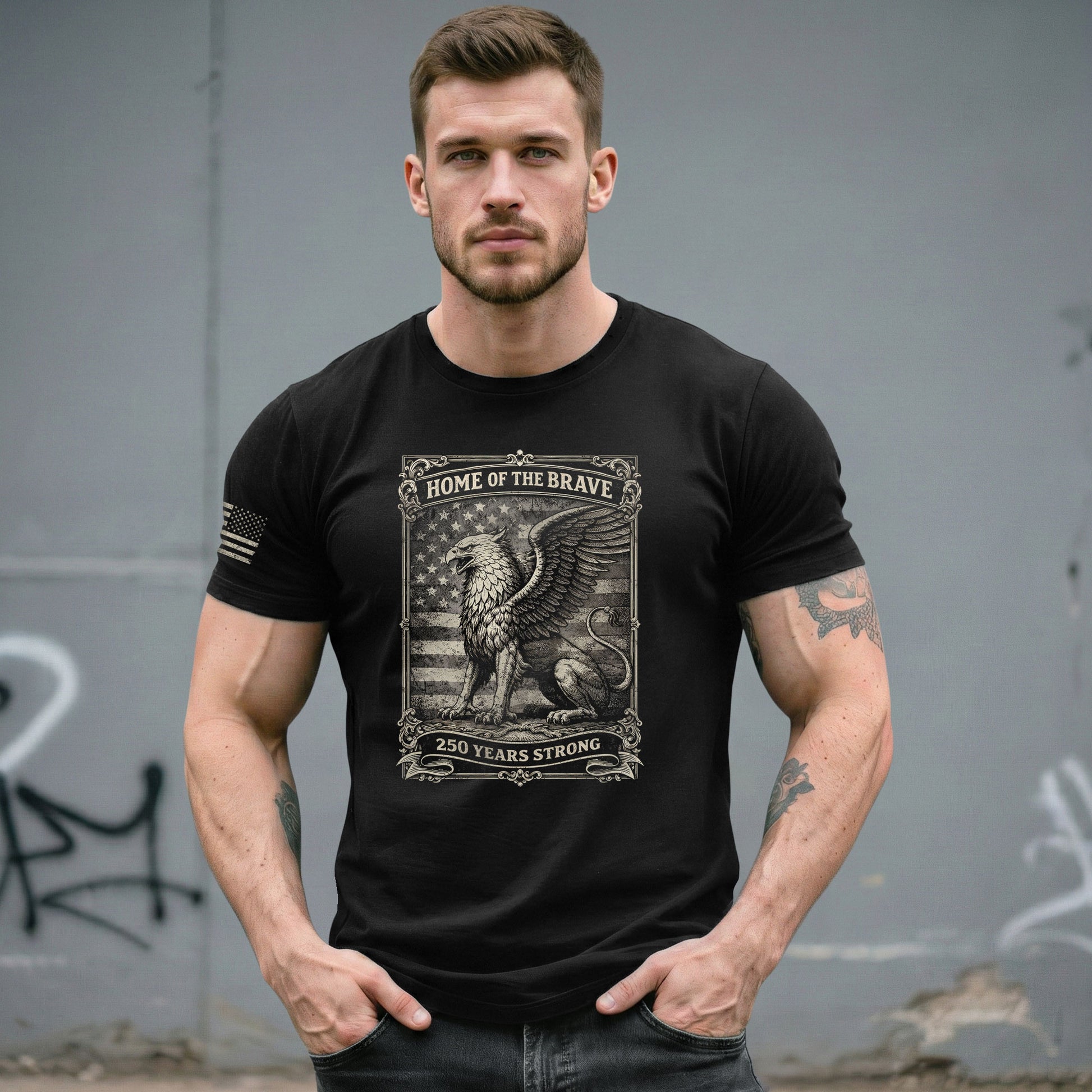 America 250th Anniversary T-Shirt 1776-2026 – Home of the Brave Griffin & Flag Tee - Rust Field Wear
