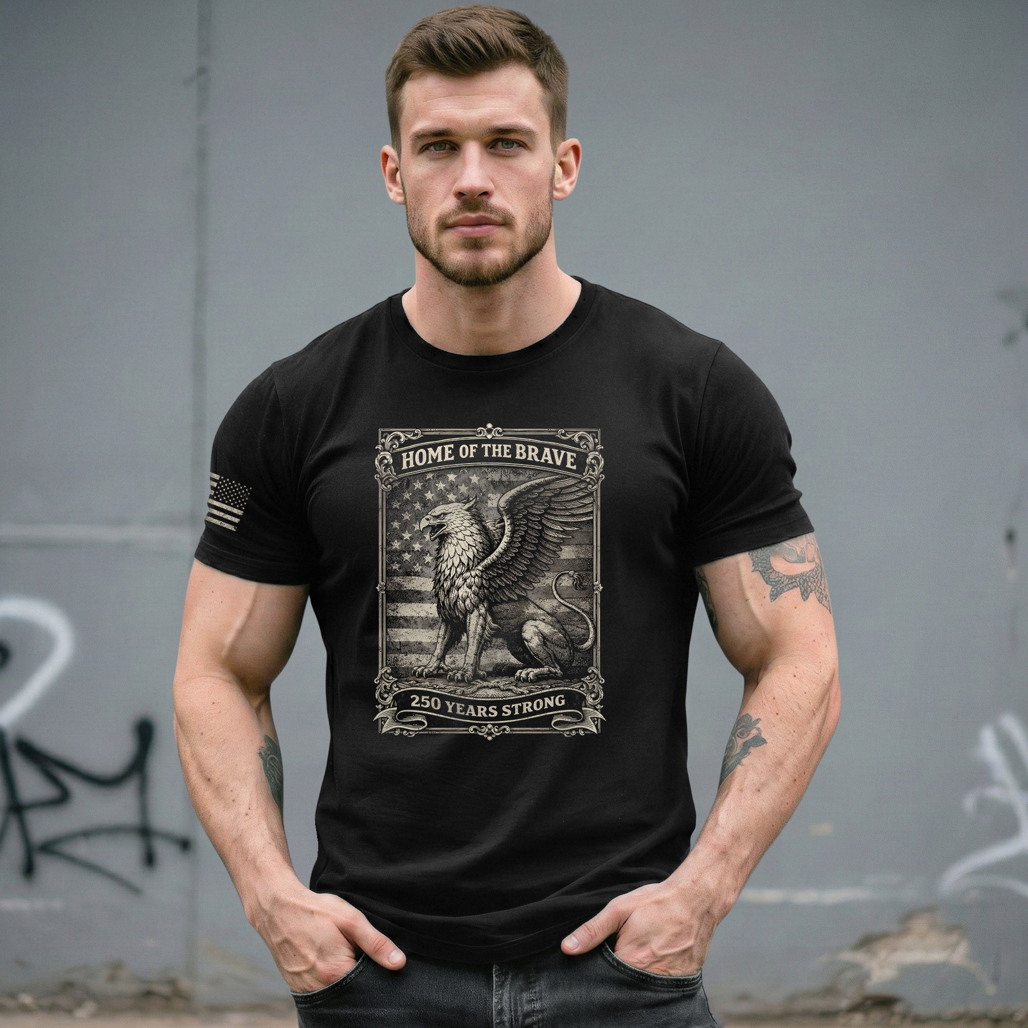 America 250th Anniversary T-Shirt 1776-2026 – Home of the Brave Griffin & Flag Tee - Rust Field Wear