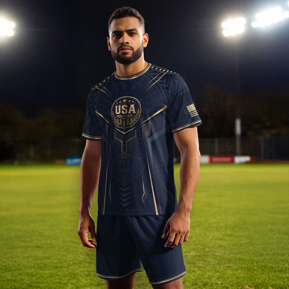USA Soccer Jersey Navy Gold Eagle Shield Graphic Sports Tee for Soccer Fans - Rust Field Wear