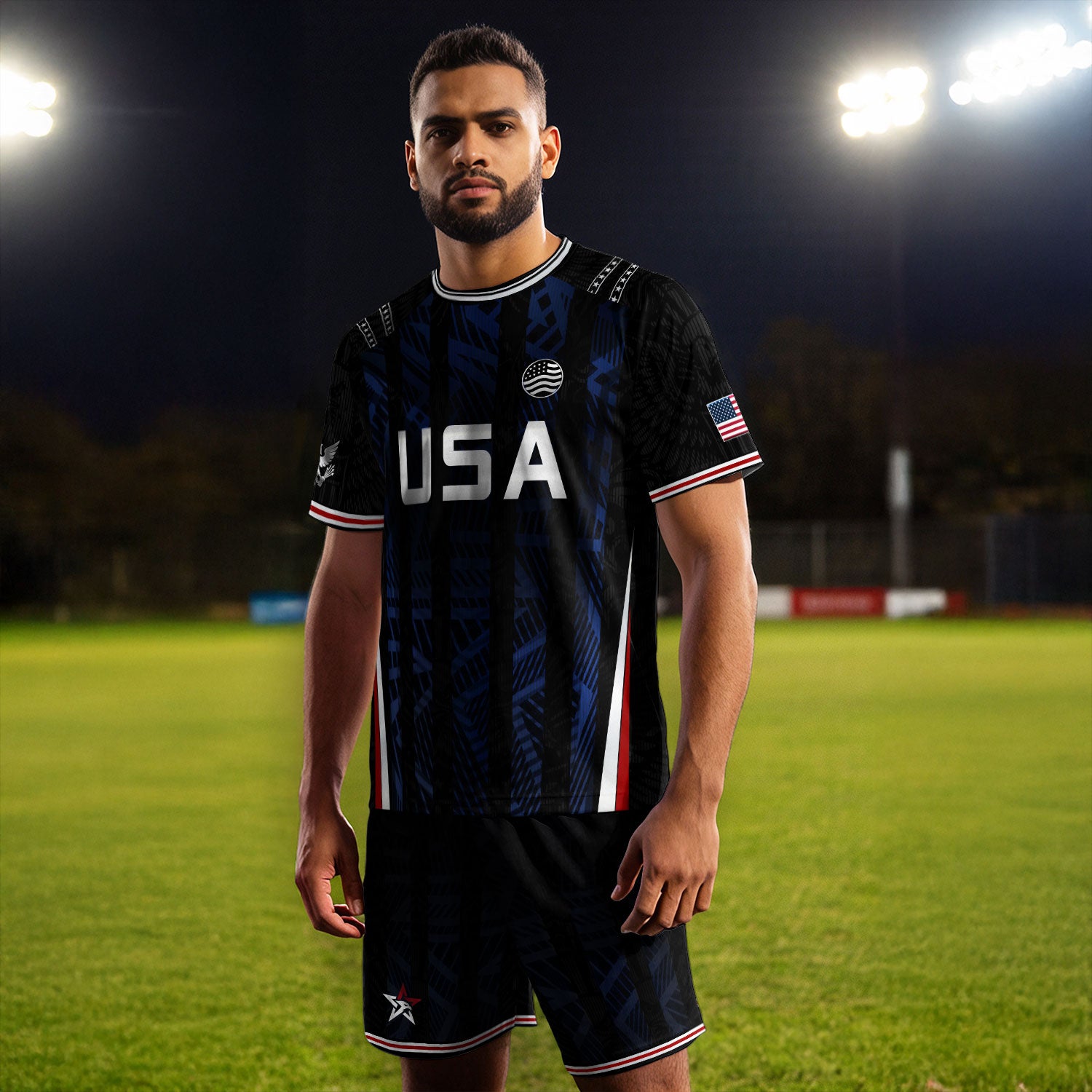USA Soccer Jersey Black Blue Eagle Crest Athletic Shirt for Men Women Fans