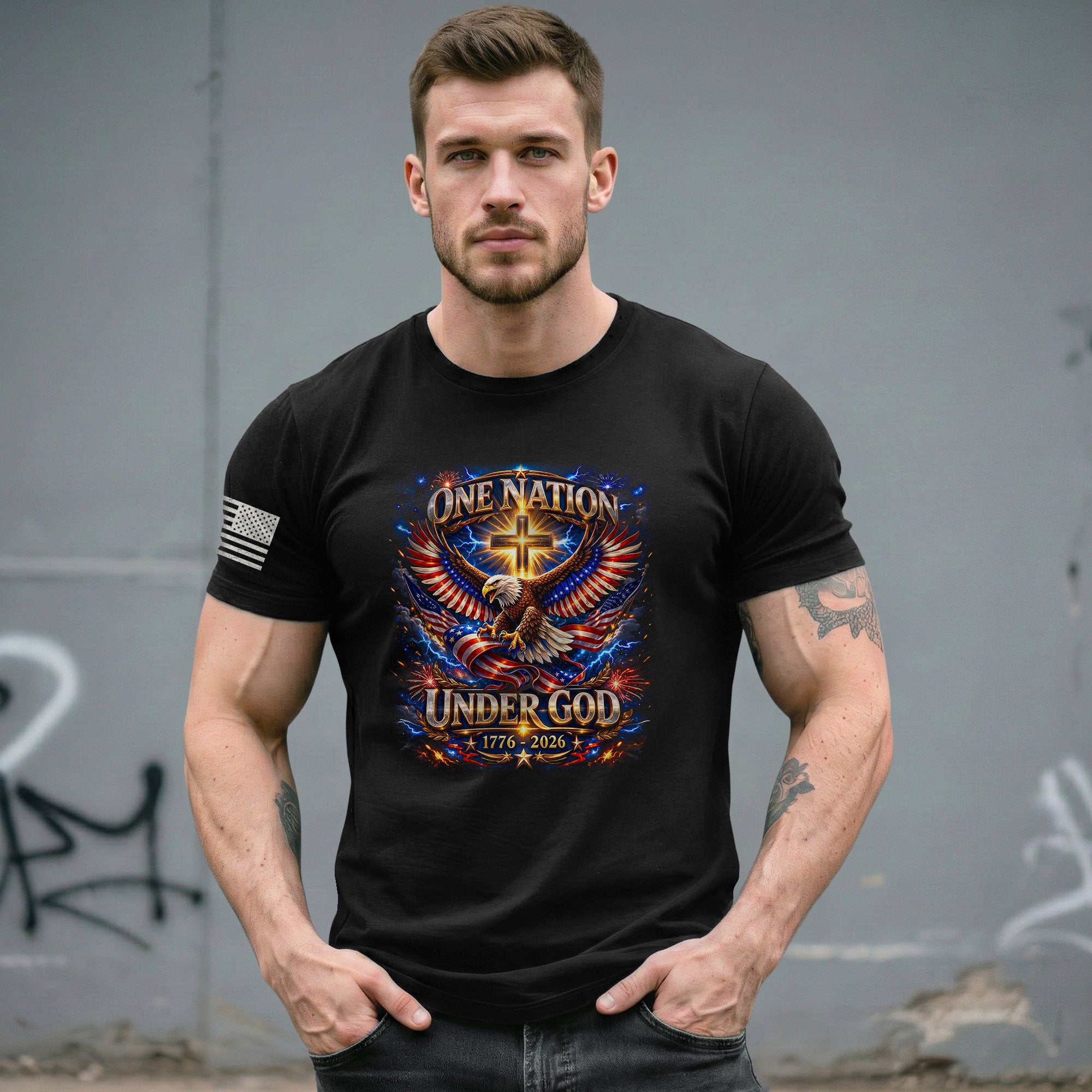 America 250th Anniversary 1776-2026 T-Shirt – USA Eagle & Cross Flag One Nation Under God 250 Years of Faith Patriotic Bootleg Shirt - Rust Field Wear