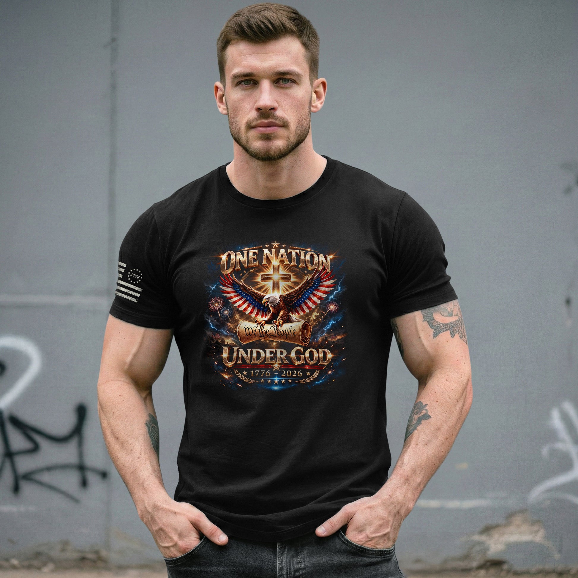 America 250th Anniversary 1776-2026 T-Shirt – We The People Eagle Cross & Constitution One Nation Under God Bootleg Shirt - Rust Field Wear