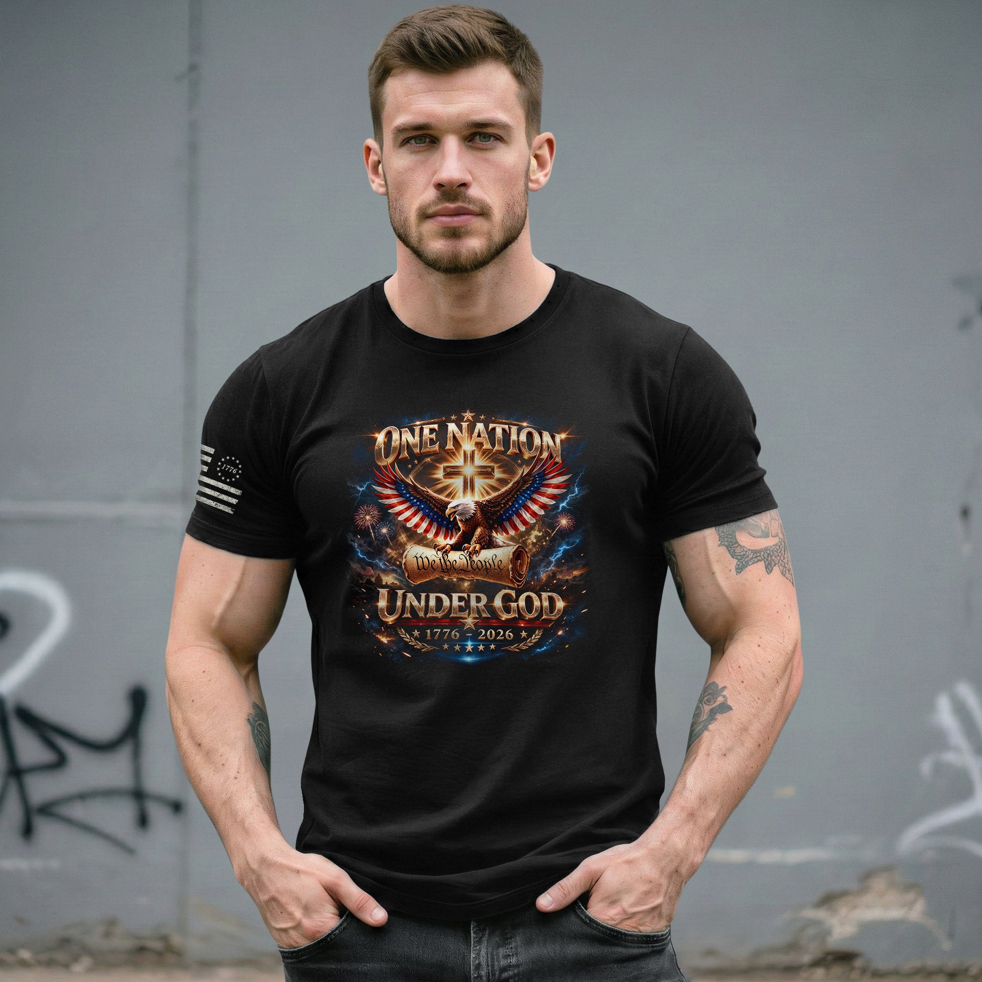 America 250th Anniversary 1776-2026 T-Shirt – We The People Eagle Cross & Constitution One Nation Under God Bootleg Shirt - Rust Field Wear