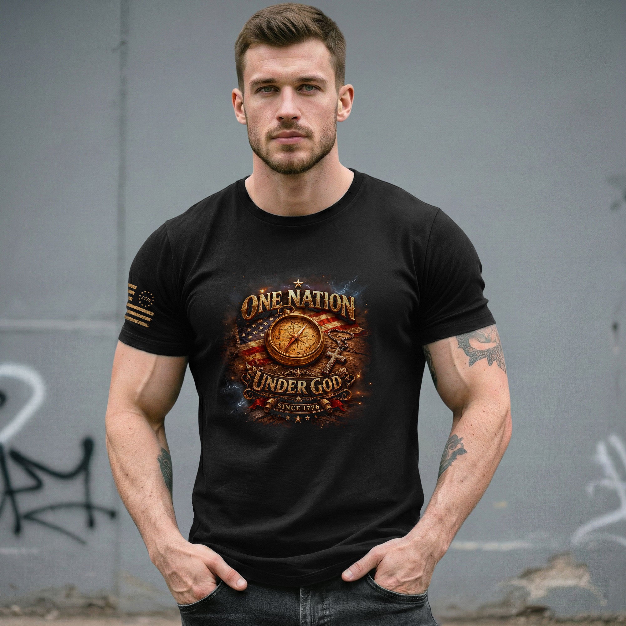 250 Years Anniversary 1776-2026 Christian Patriotic T-Shirt – Compass & Cross One Nation Under God Bible Bootleg Graphic Shirt - Rust Field Wear