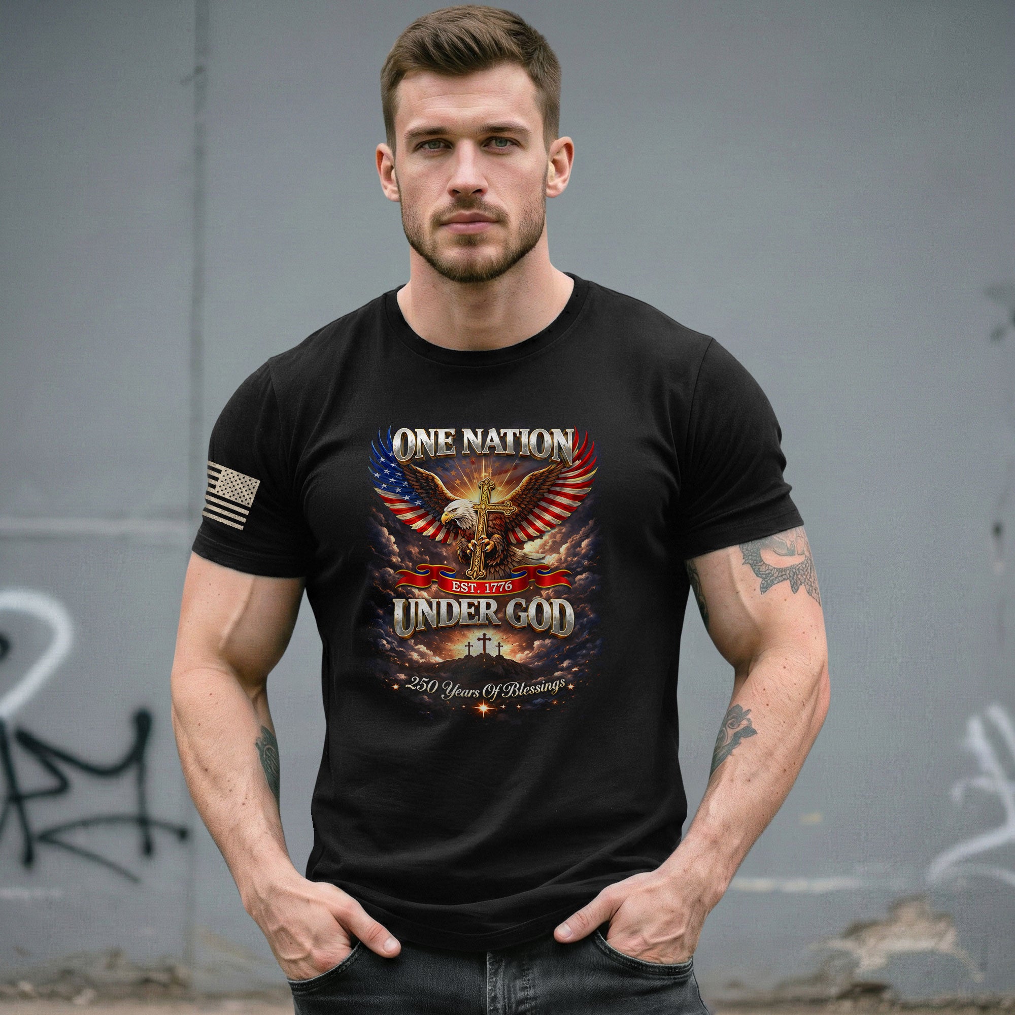 America 250th Anniversary 1776-2026 T-Shirt – 250 Years of Blessings Eagle Cross Patriotic Birthday Graphic Tee - Rust Field Wear
