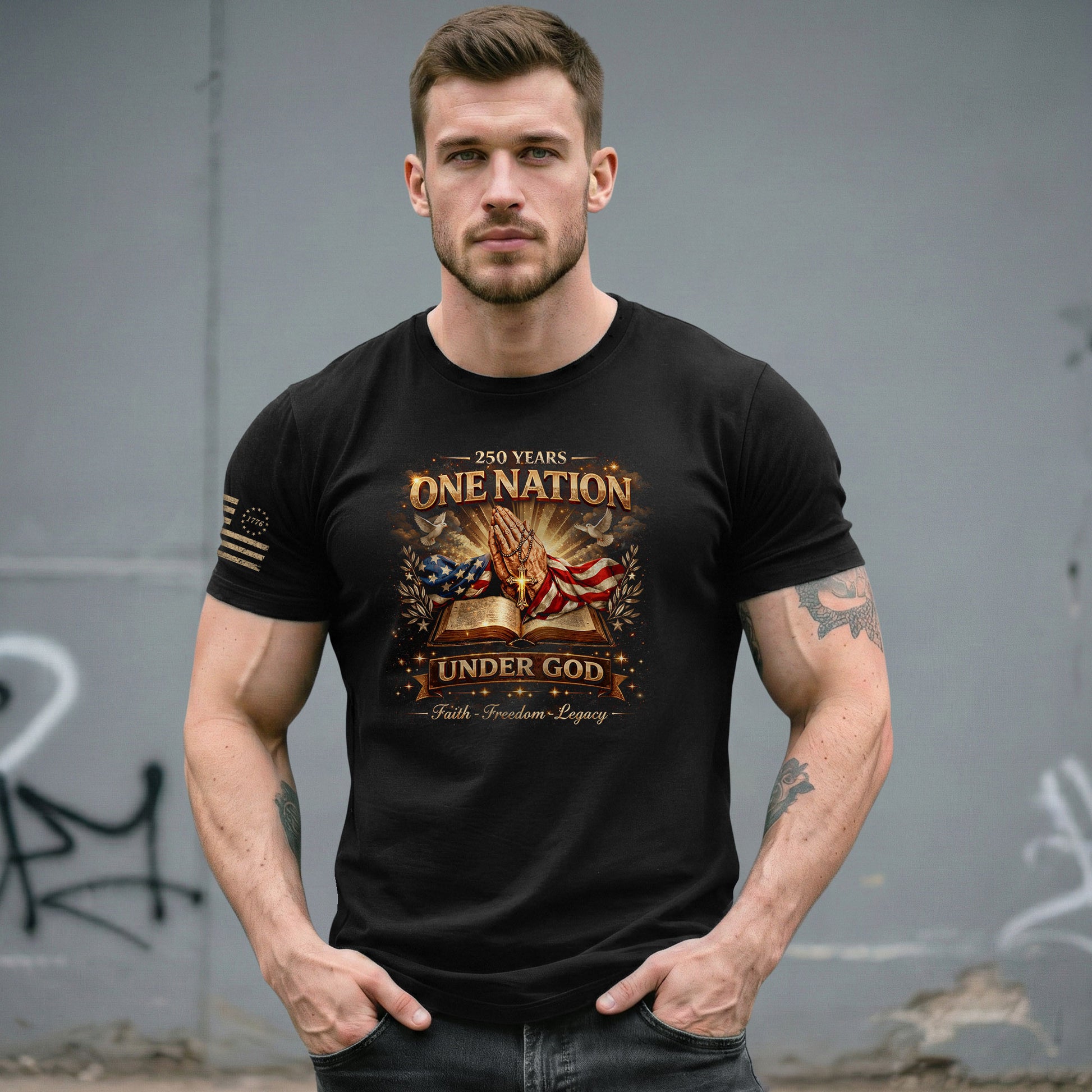 One Nation Under God 250th Birthday of America 1776-2026 T-Shirt – Faith Freedom Legacy Praying Hands Patriotic Merchandise - Rust Field Wear