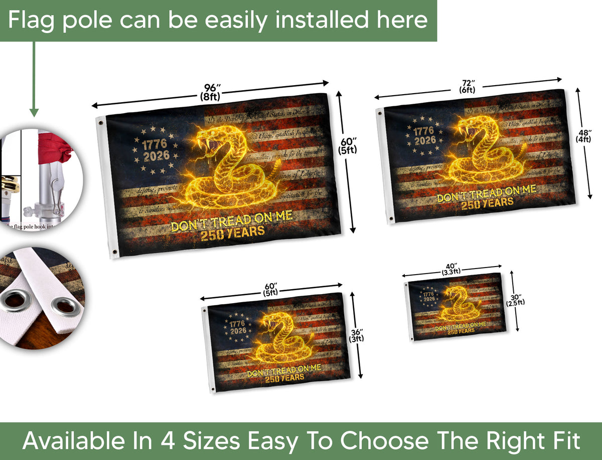 America 250th Anniversary Flag 1776-2026 – Don’t Tread On Me Gadsden Snake Banner - Rust Field Wear