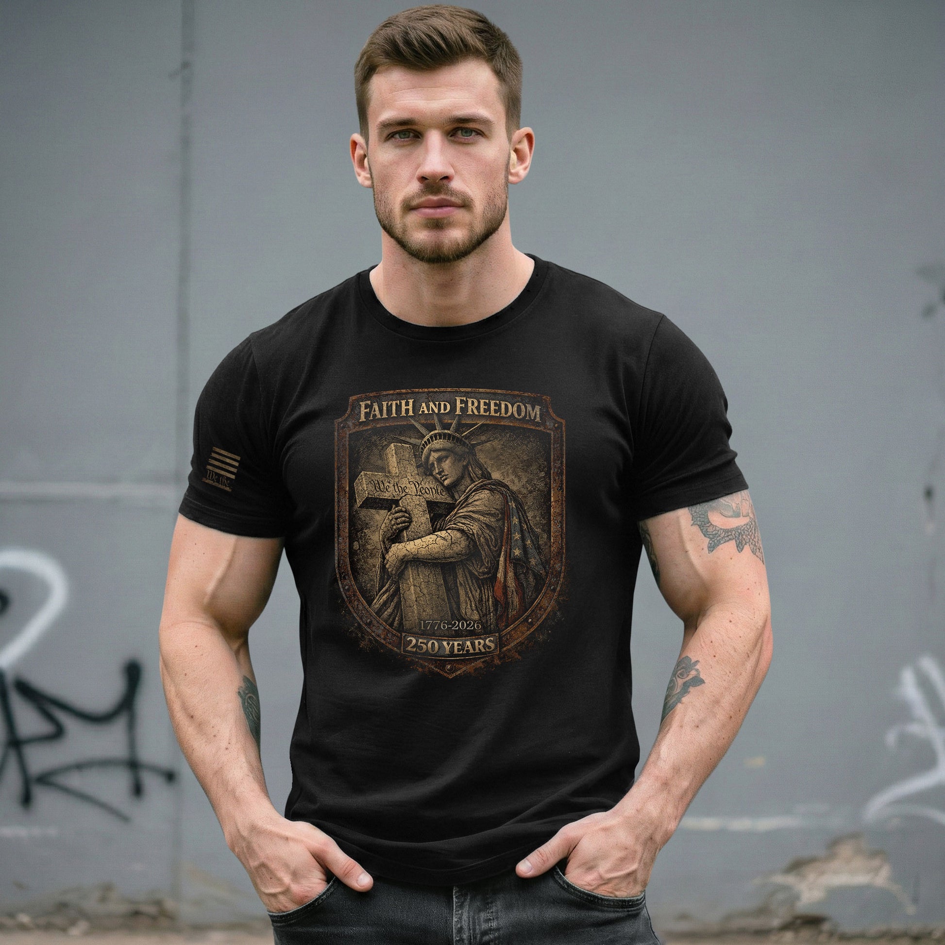 America 250th Anniversary T-Shirt 1776-2026 – Statue of Liberty, Cross & We The People Tee - Rust Field Wear