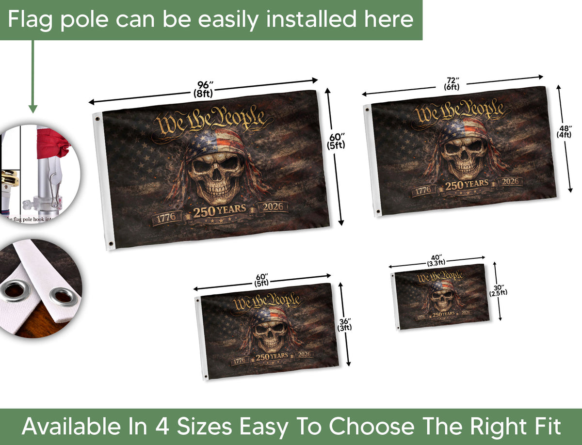 We The People 1776–2026 Flag – Patriotic Skull 250 Years House Flag. - Rust Field Wear