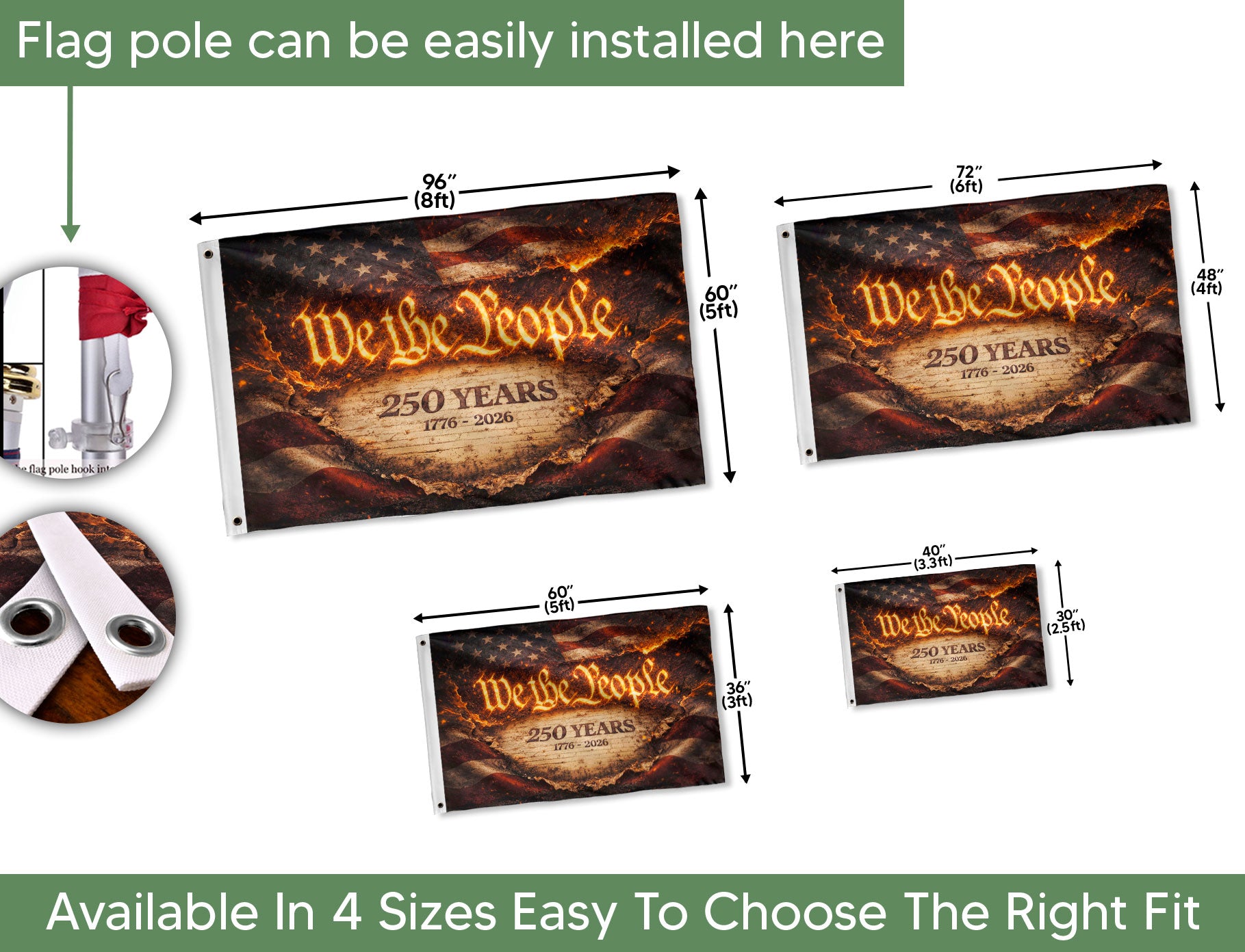 We The People 250 Years Flag 1776–2026 – Fire Style Patriotic Double Sided Yard Flag