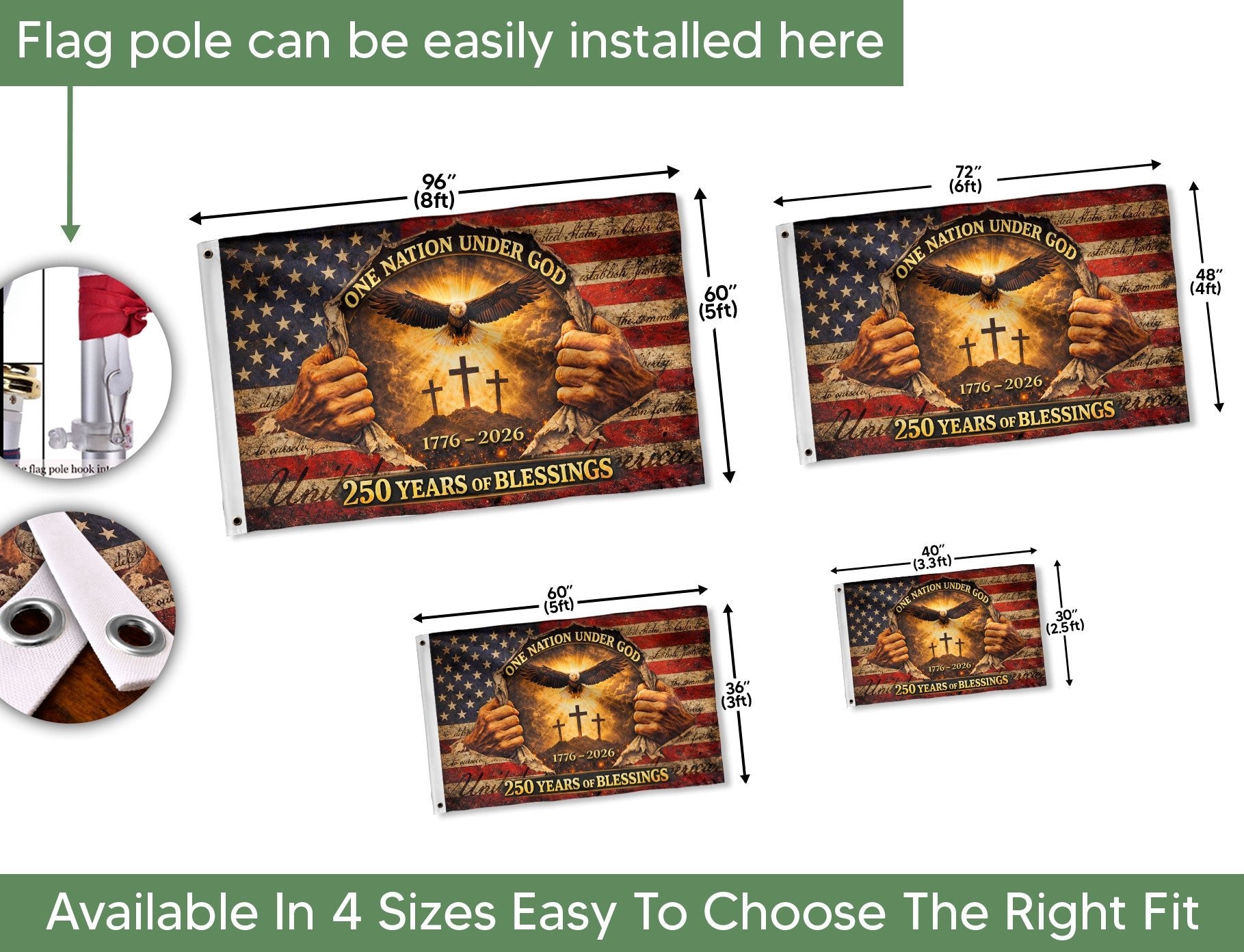 250 Years of Blessings Flag 1776-2026 One Nation Under God Christian American Eagle Banner 3x5ft - Rust Field Wear