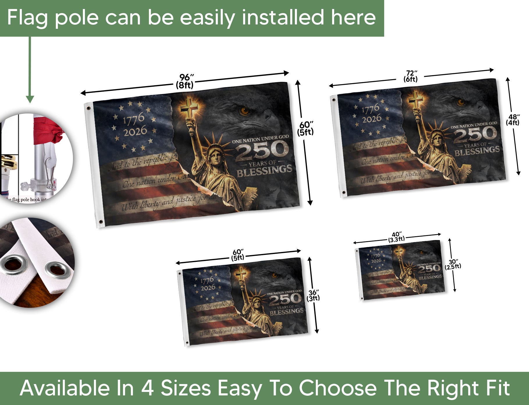 250 Years of Blessings Flag 1776-2026 Statue of Liberty Cross Christian Eagle Banner 3x5ft - Rust Field Wear