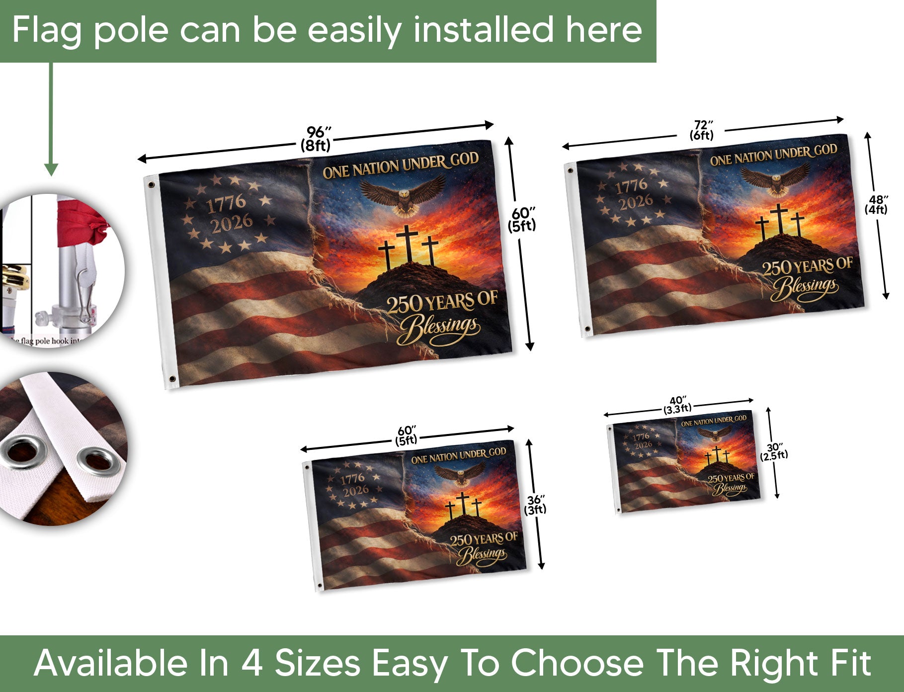 250th Anniversary USA Christian House Flag Three Crosses One Nation Under God Decor - Rust Field Wear