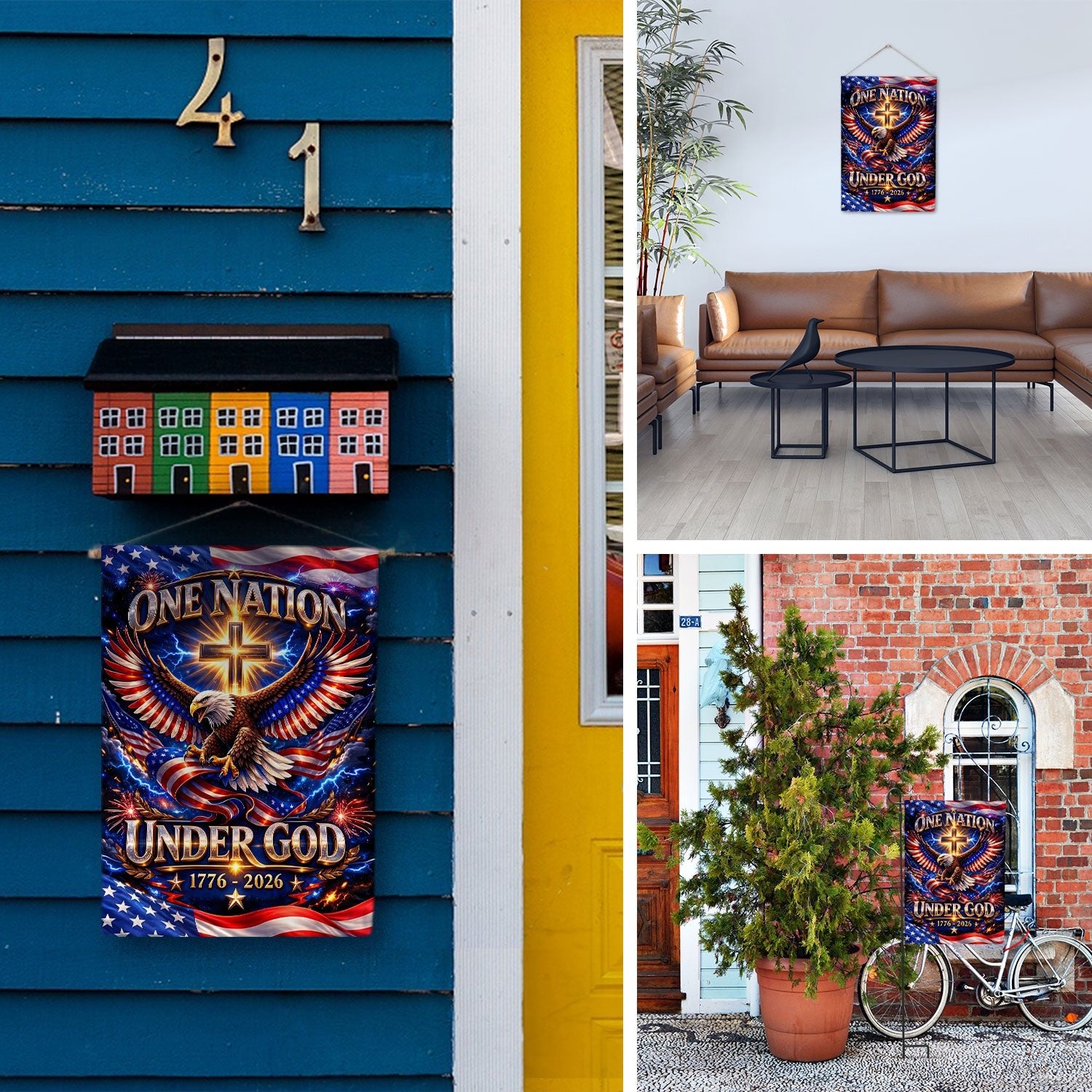 Christian One Nation Under God 250th Anniversary USA House Flag 1776–2026 Eagle Cross Patriotic Faith Banner - Rust Field Wear