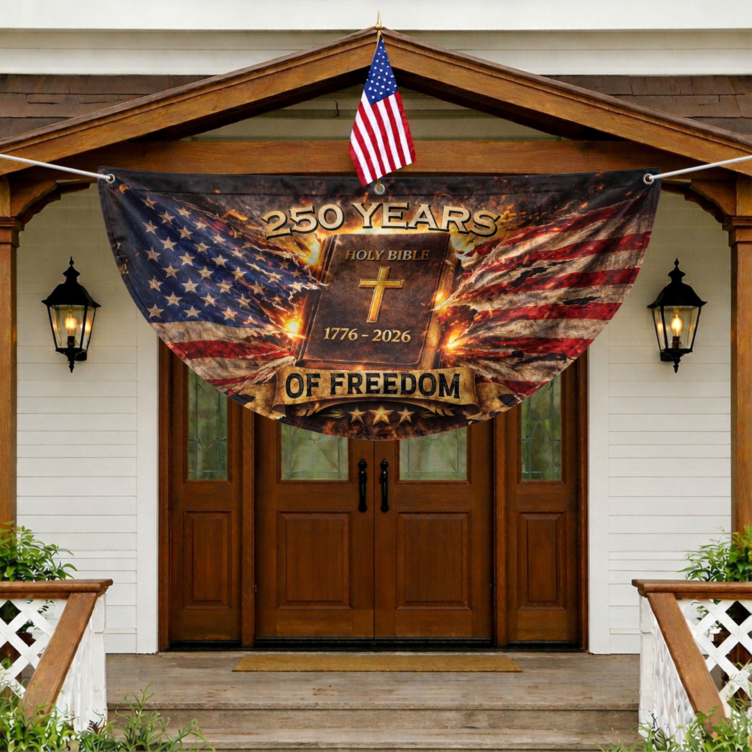 Fence Flag USA 250th Anniversary 1776–2026 Christian Cross Bible Patriotic Banner 250 Year American Freedom Flag - Rust Field Wear