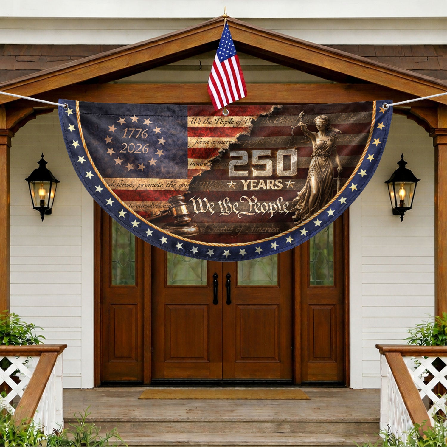 We The People Fence Flag Lady Justice & Gavel 250 Years Patriotic - 1776-2026 Decor - Rust Field Wear