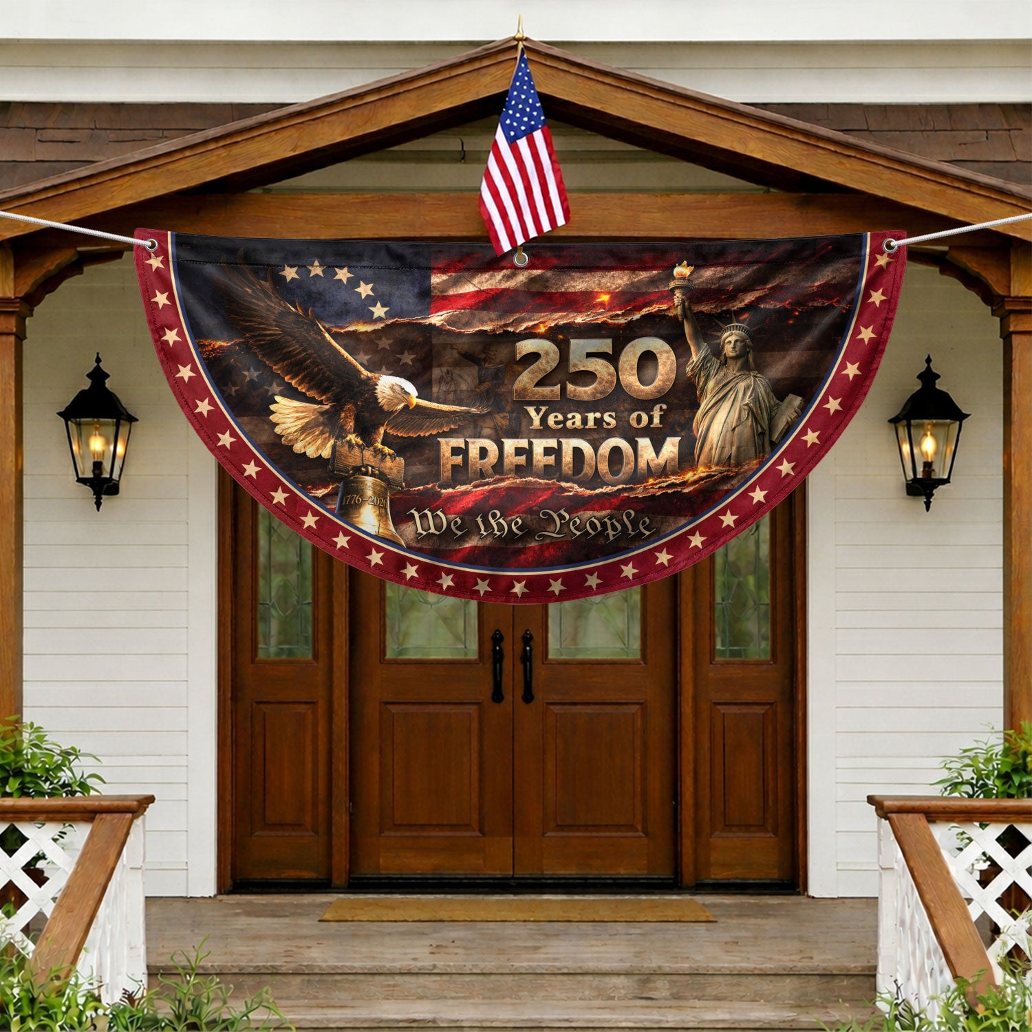 250 Years of Freedom Fence Flag Statue of Liberty Bald Eagle - We The People Flag Decor - Rust Field Wear