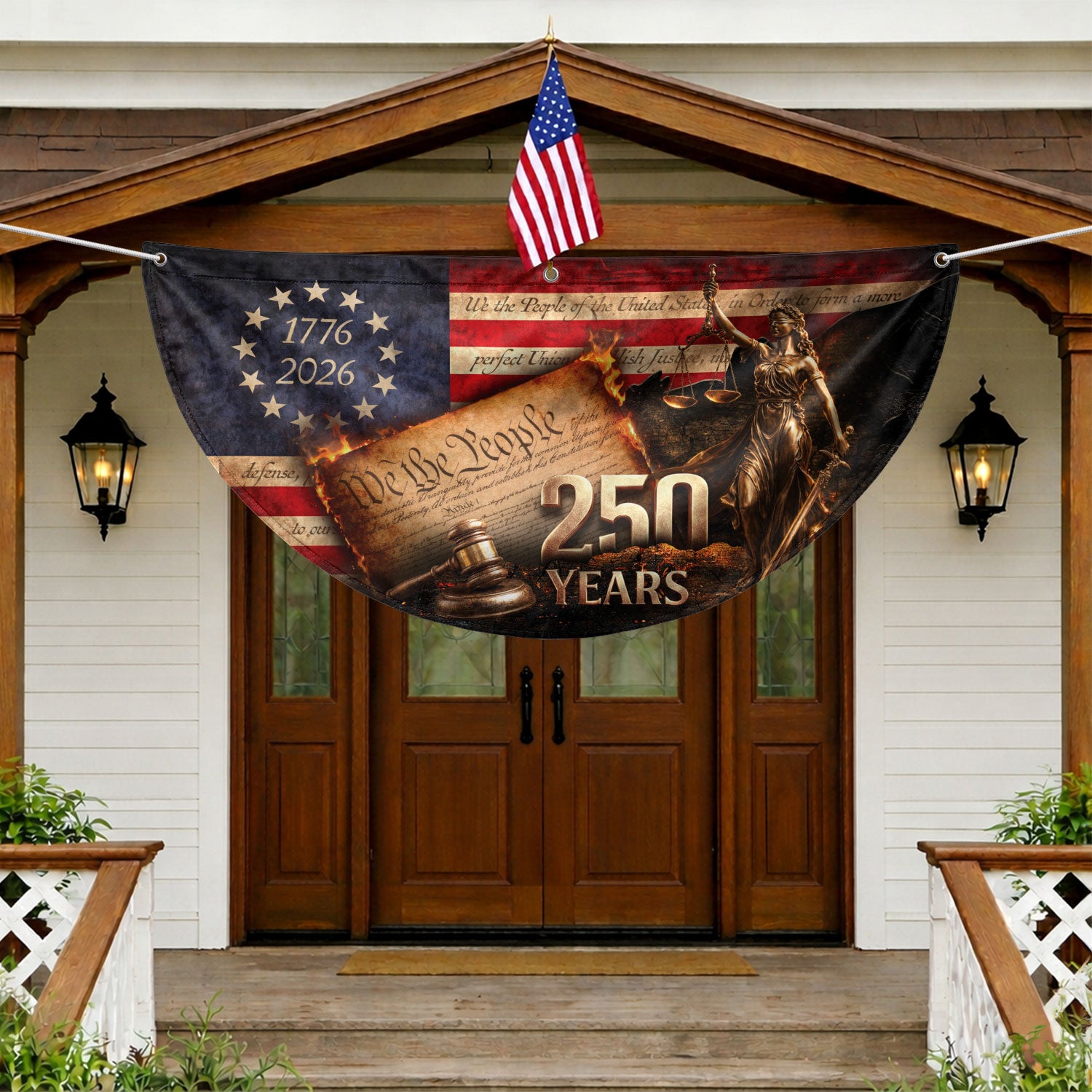 250 Years Lady Justice Fence Flag Patriotic 1776-2026 - We The People Outdoor Banner - Rust Field Wear