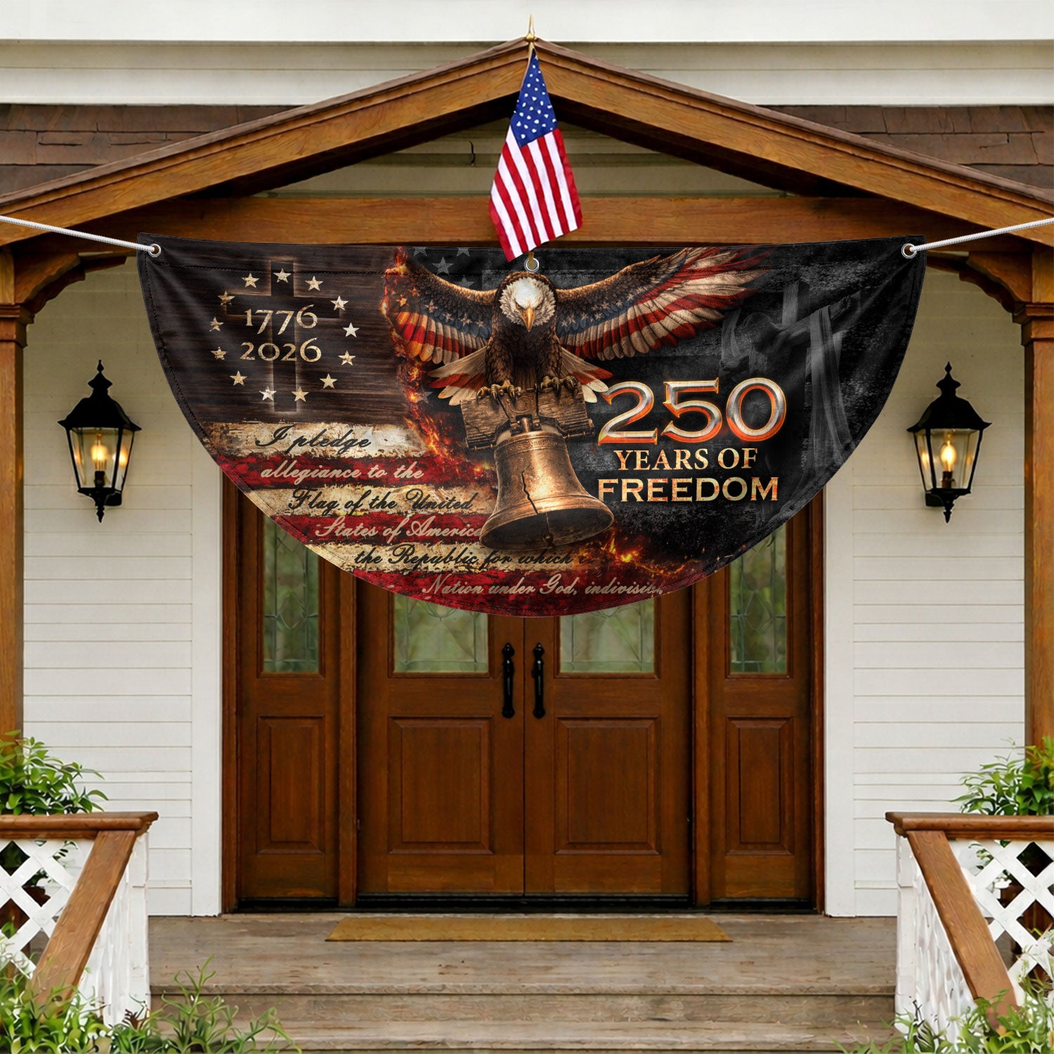 250 Years of Freedom Fence Flag 1776-2026 – Christian Patriotic Cross & Liberty Bell USA Double Sided Banner - Rust Field Wear