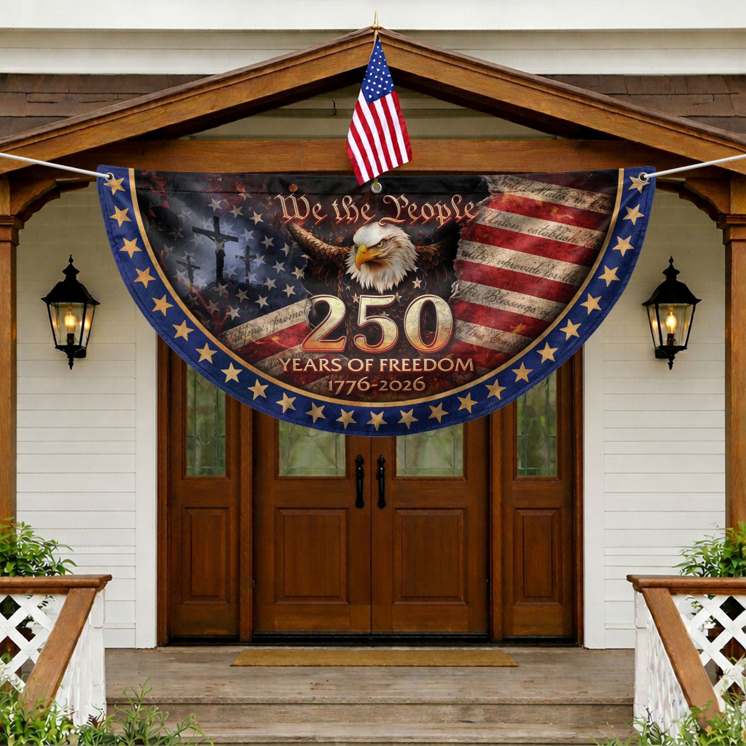 USA 250th Anniversary Fence Flag 1776-2026 – American Flag with Cross We The People Christian Patriotic Banner - Rust Field Wear