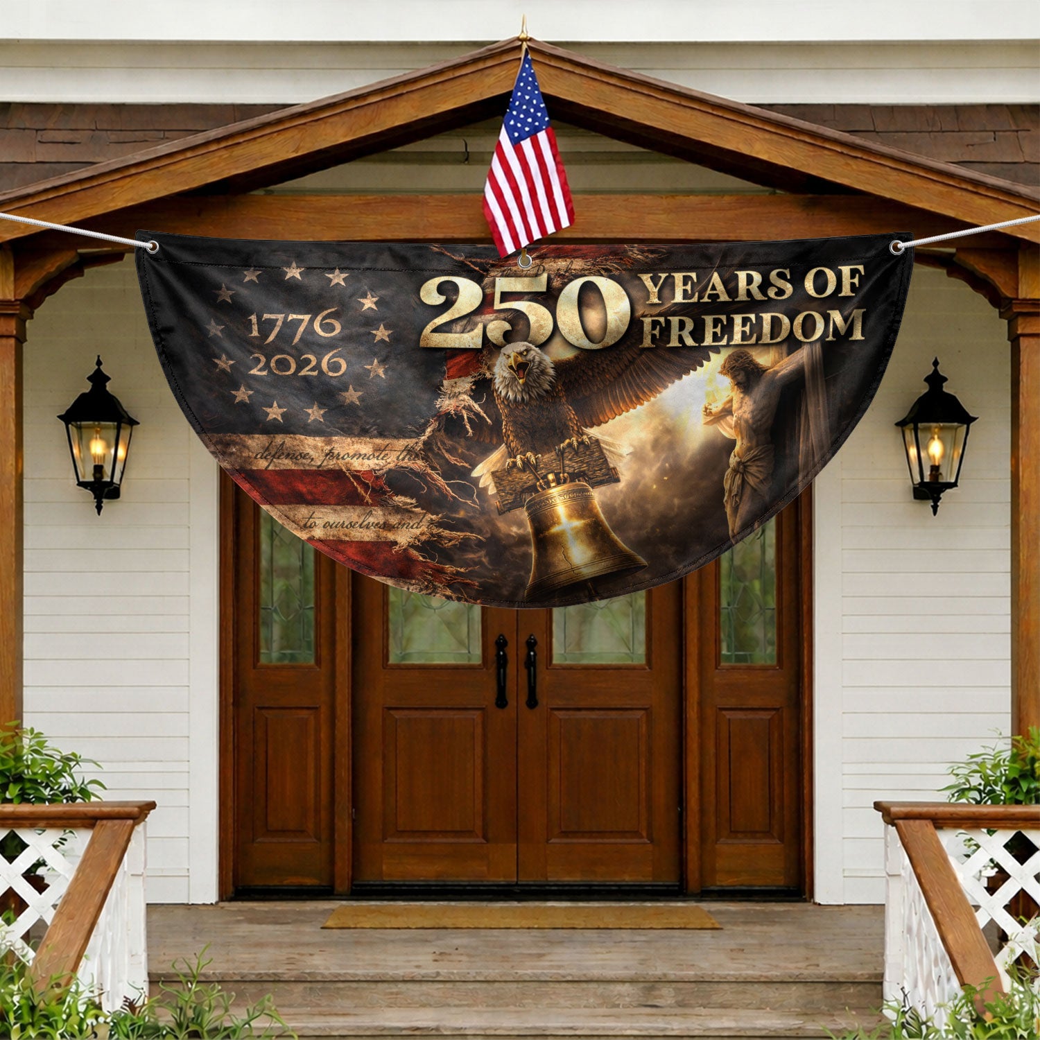 250 Years USA Anniversary Fence Flag 1776-2026 – Jesus & Eagle Christian Patriotic Double Sided Banner - Rust Field Wear