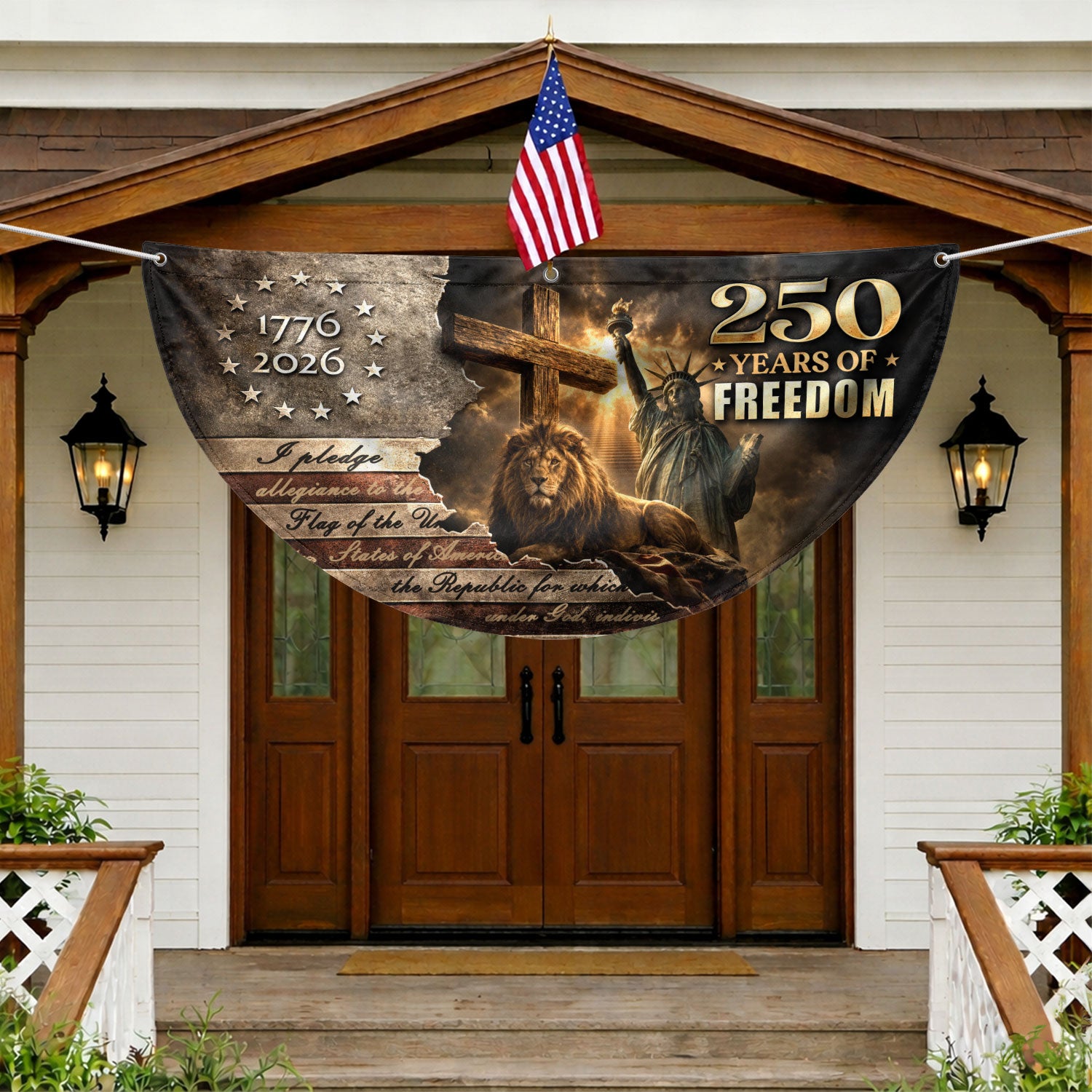 God Bless America 250 Years Fence Flag 1776-2026 – Lion & Cross Christian Patriotic USA Double Sided Banner - Rust Field Wear