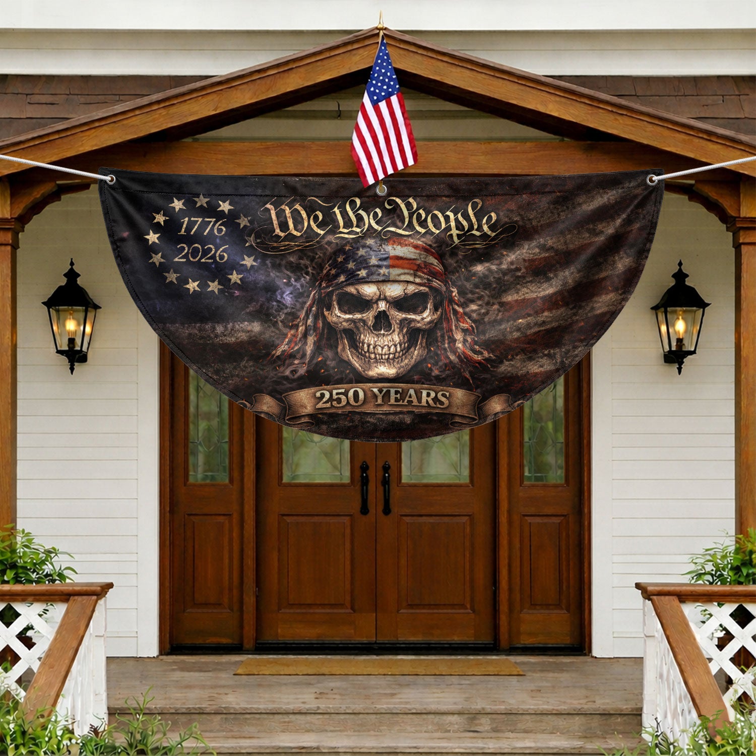 We The People Skull Fence Flag 250 Years 1776-2026 Patriotic Double Sided Banner