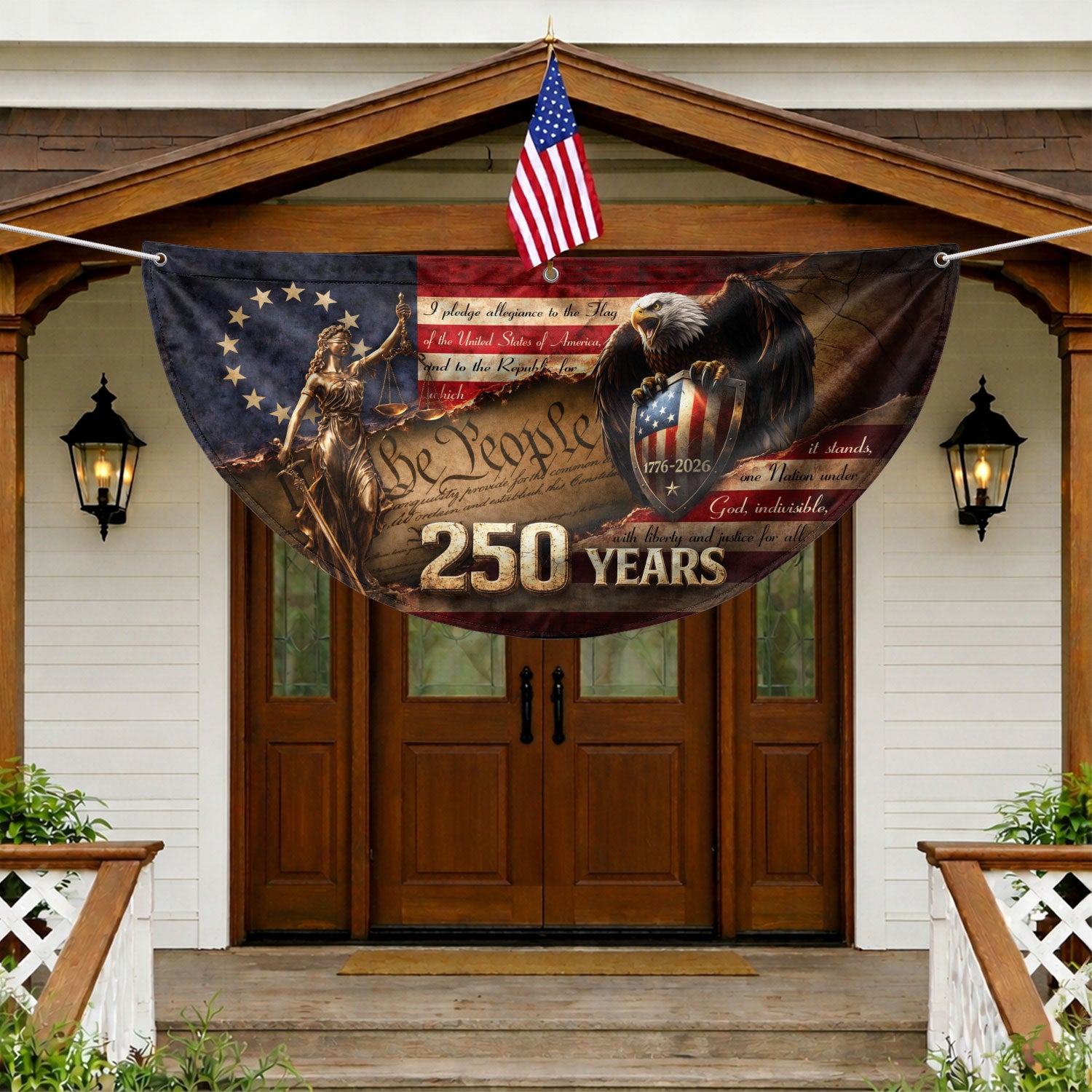 We The People Lady Justice Fence Flag 250 Years Patriotic Eagle - 1776-2026 Flag Decor - Rust Field Wear
