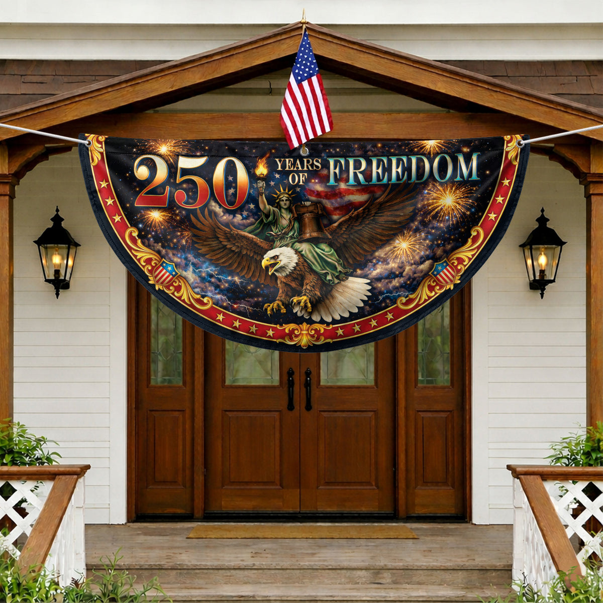 Fence Flag 250 Years of Freedom 1776-2026 Patriotic Eagle Liberty Bell Fireworks Banner - Rust Field Wear