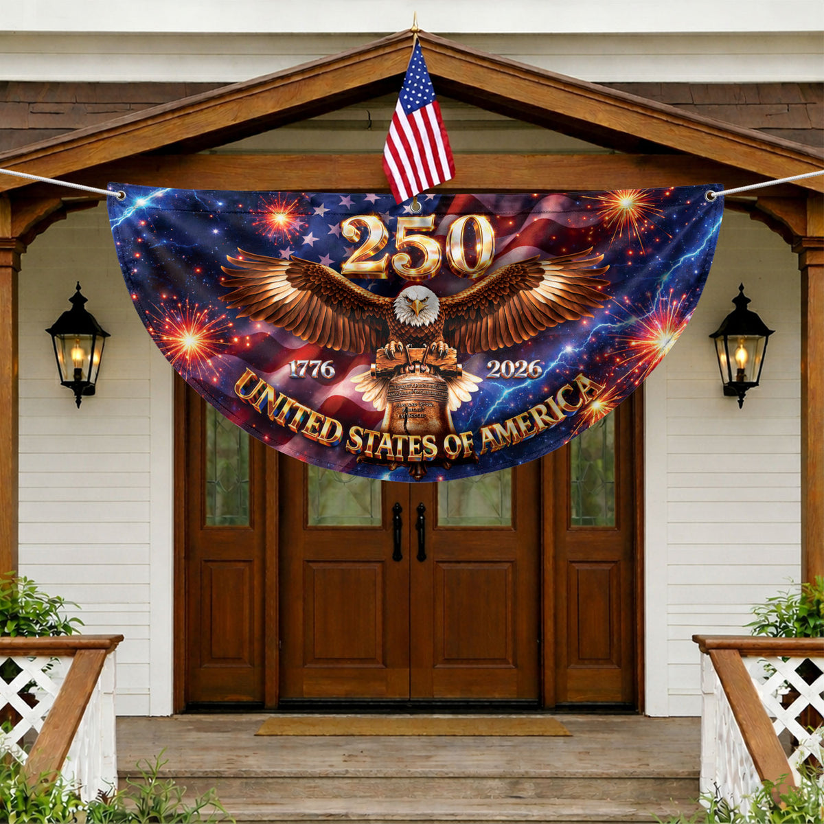 250 Years United States Fence Flag 1776-2026 Patriotic Liberty Eagle Bell - Rust Field Wear