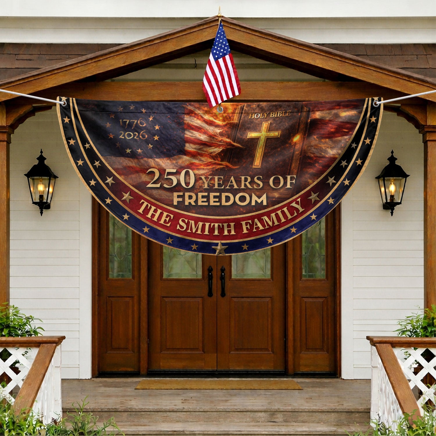 250 Christ Years Freedom Flag Fence Flag Custom Family Name 250 Years Christian Flag American Flag with Cross 250th Anniversary Design - Rust Field Wear