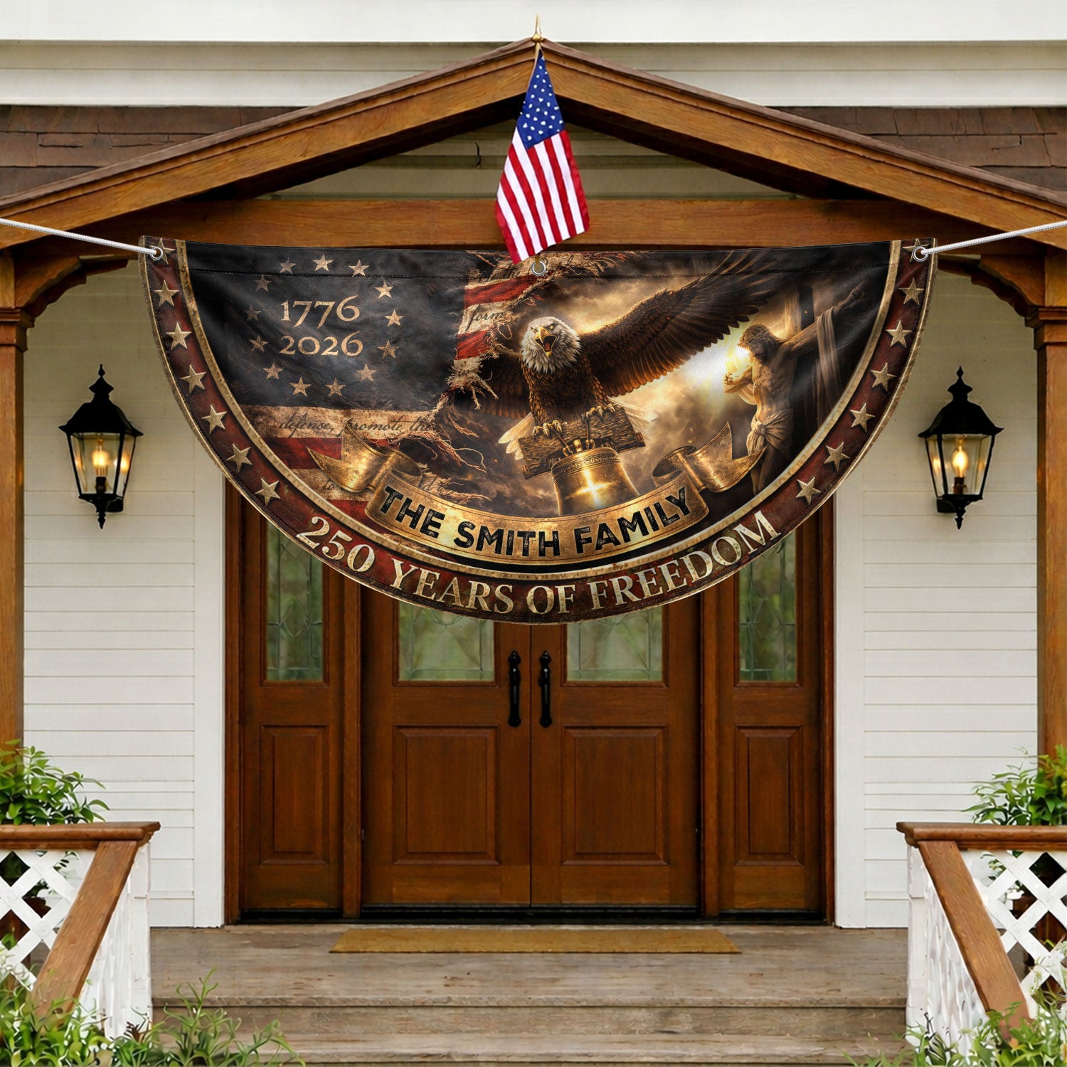 250 Years of Freedom Flag Fence Flag Custom Family Name American Flag with Cross Christian 250th Anniversary Patriotic Banner Gift - Rust Field Wear