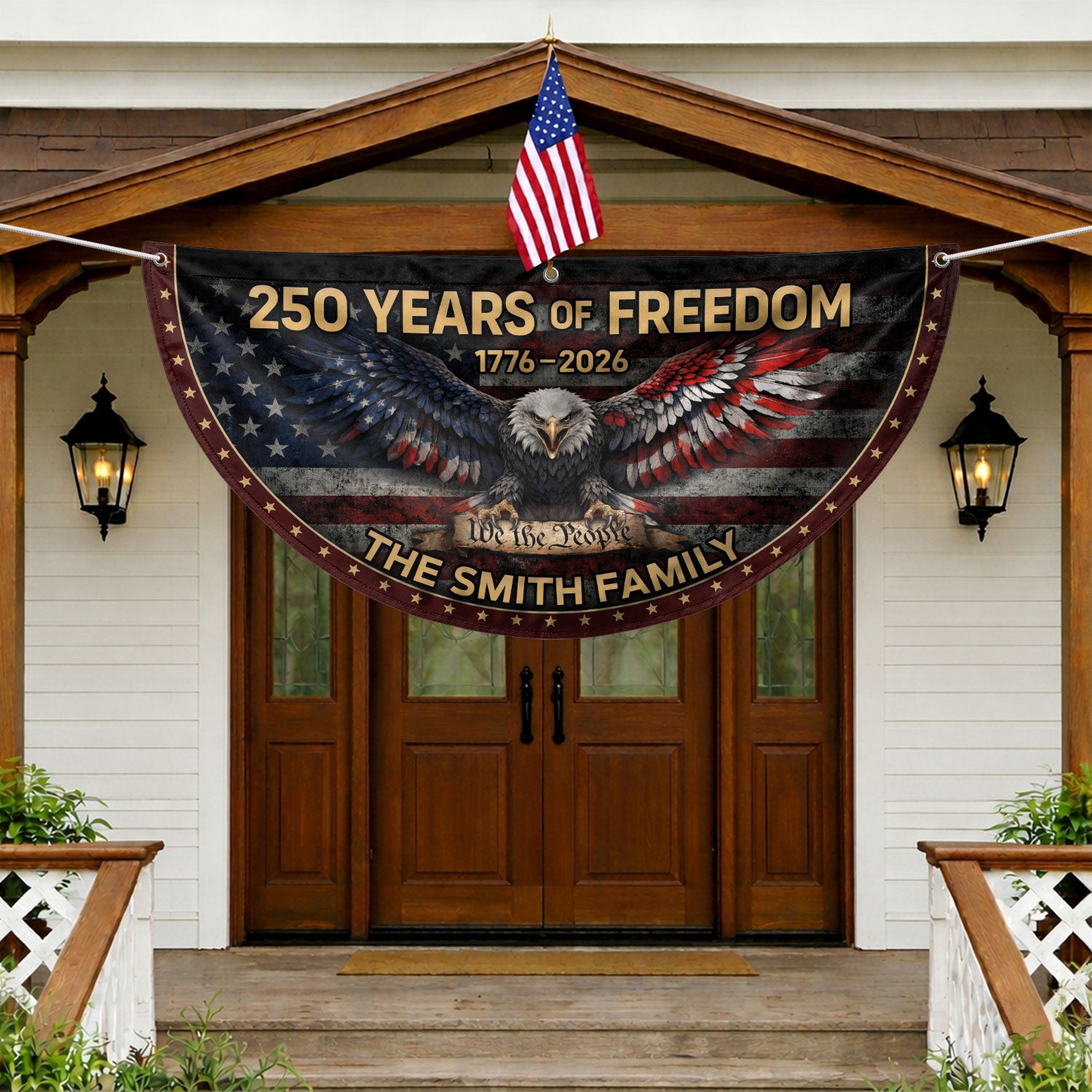 American Bald Eagle Fence Flag Custom Family Name 250 Years Freedom 1776-2026 Patriotic Yard Decor - Rust Field Wear