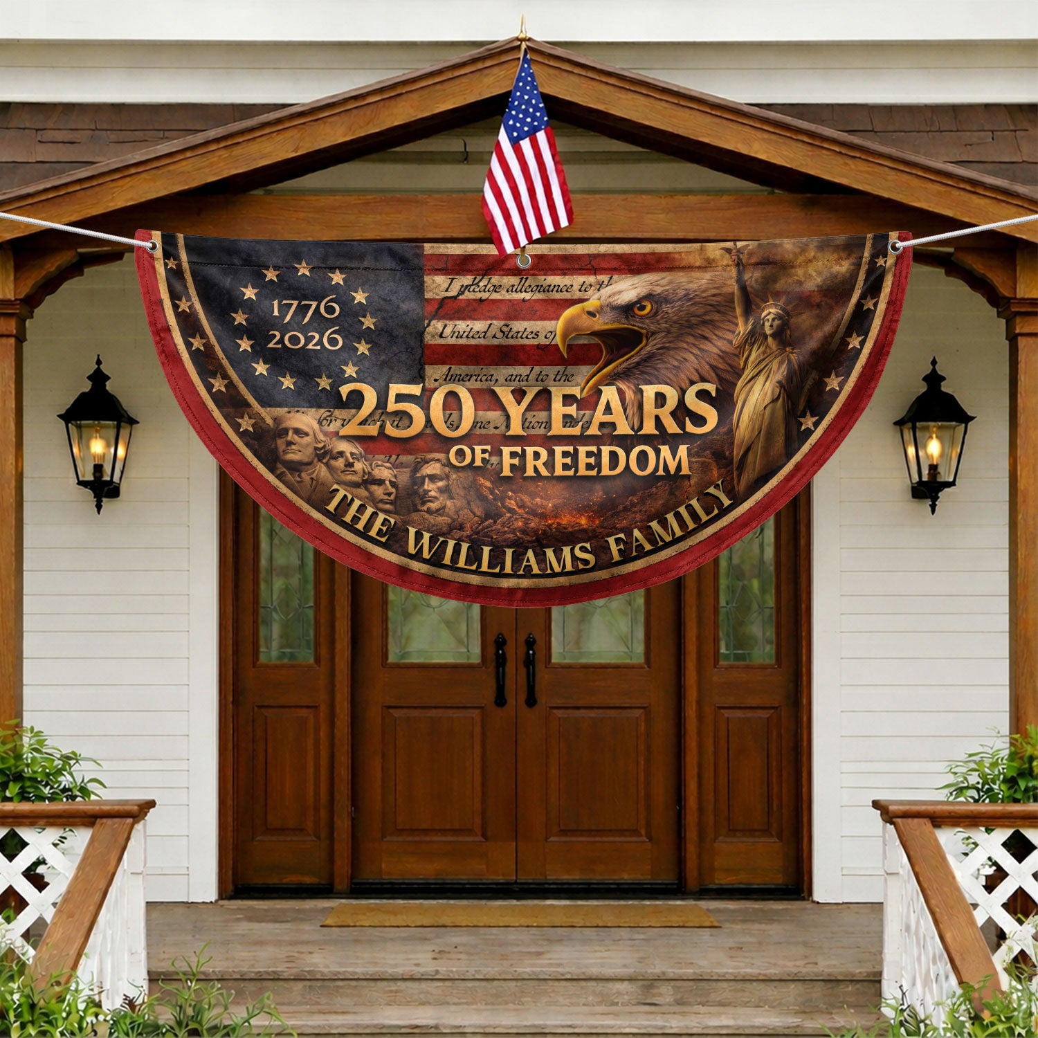 Mount Rushmore Eagle Fence Flag Custom Family Name 250 Years Freedom 1776-2026 Patriotic Yard Decor - Rust Field Wear