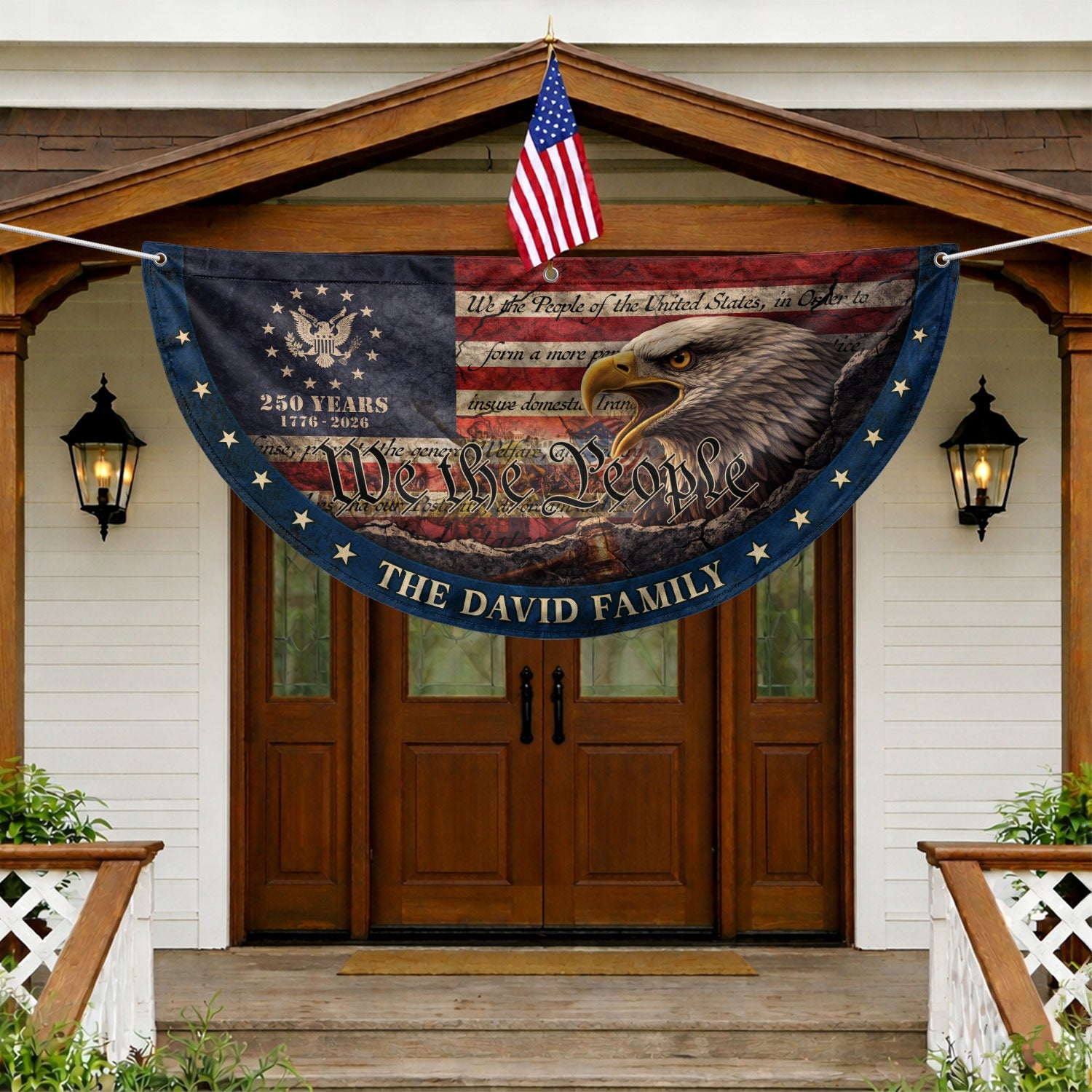 We The People Eagle Head Fence Flag Custom Family Name 250 Years Freedom 1776-2026 Patriotic Yard Decor - Rust Field Wear