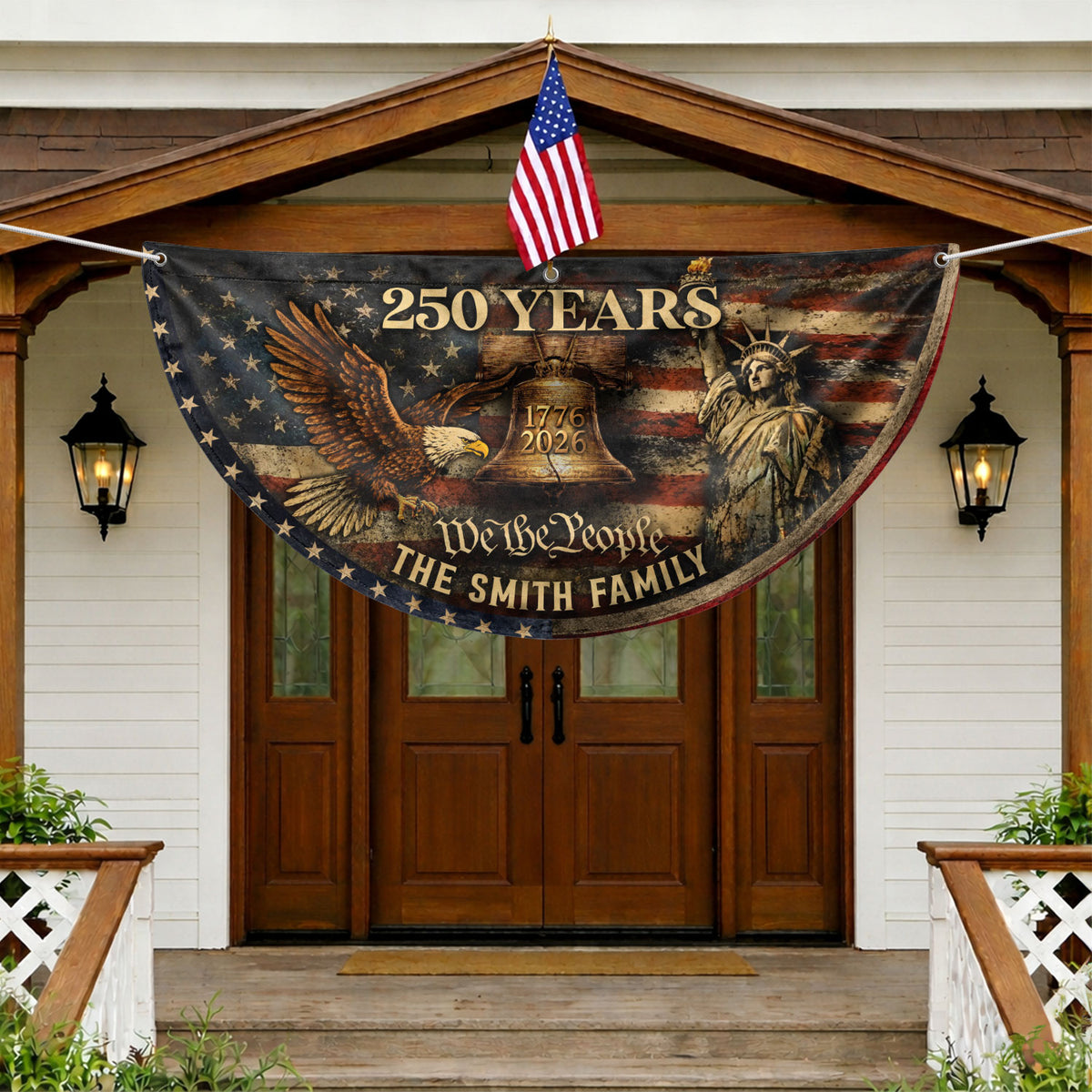 Liberty Bell Eagle Fence Flag Custom Family Name 250 Years Freedom 1776-2026 Patriotic Yard Decor - Rust Field Wear
