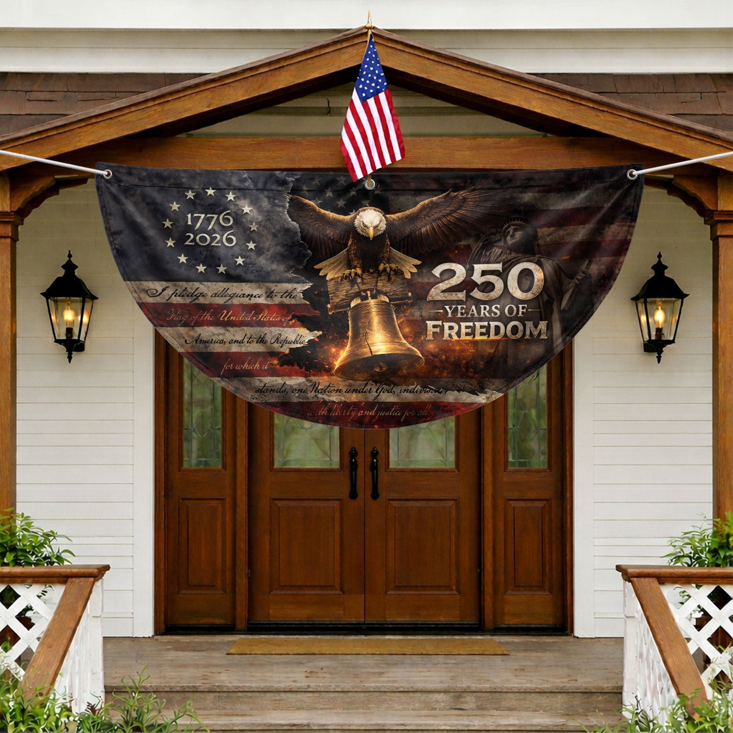 American 250 Year Fence Flag 1776 to 2026 Freedom Eagle Bell Patriotic Outdoor Decor - Rust Field Wear