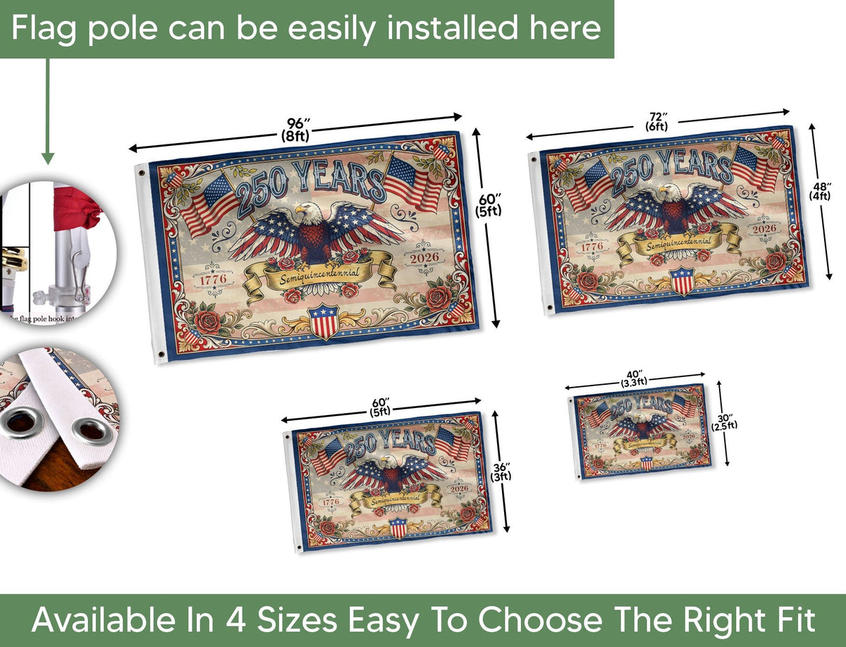 USA 250 Years Commemorative Flag - Vintage Eagle and Roses Patriotic Outdoor Banner - Rust Field Wear