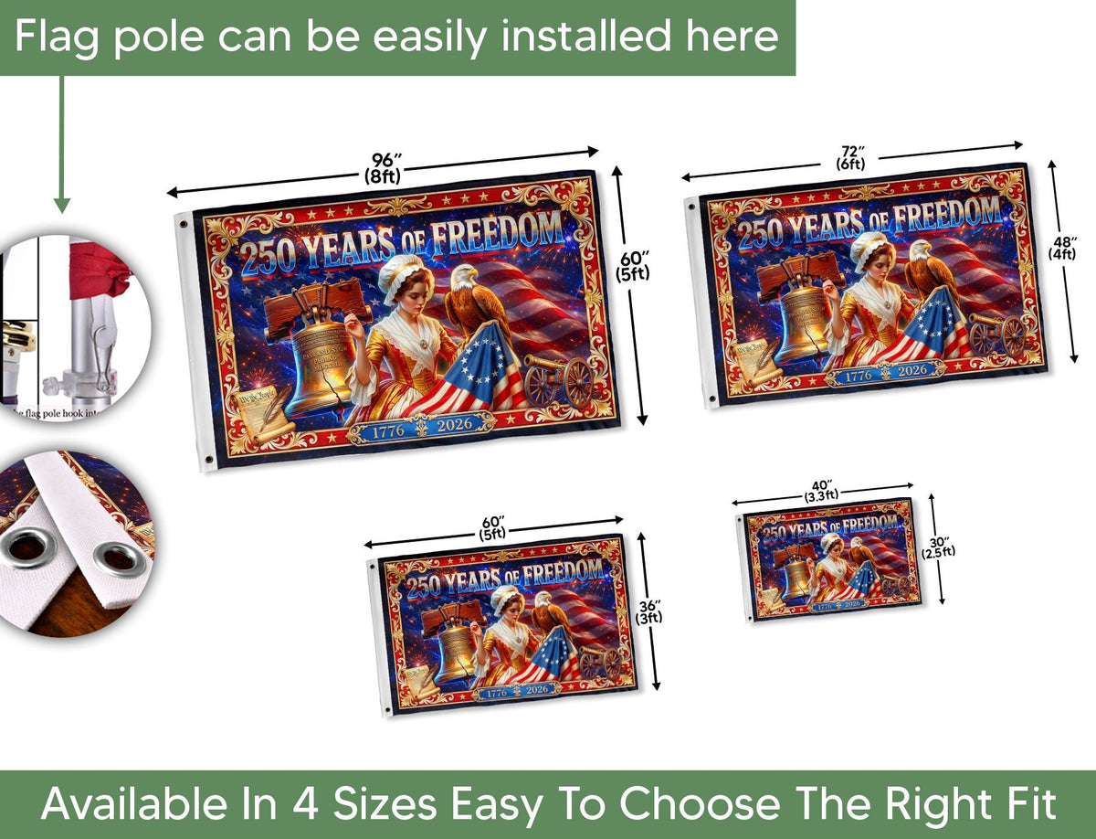 USA 250 Years of Freedom Flag - Betsy Ross & Liberty Bell Patriotic Banner 1776-2026 - Rust Field Wear